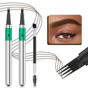 2 Pcs Microblading Eyebrow Pen Set with Eyebrow Brush, 3D Waterproof 4-Tip Precision Eyebrow Pencil, Long-Lasting Natural Fine Stroke Magic Eyebrow Pencil for Women Stay All Day (Black Brown)