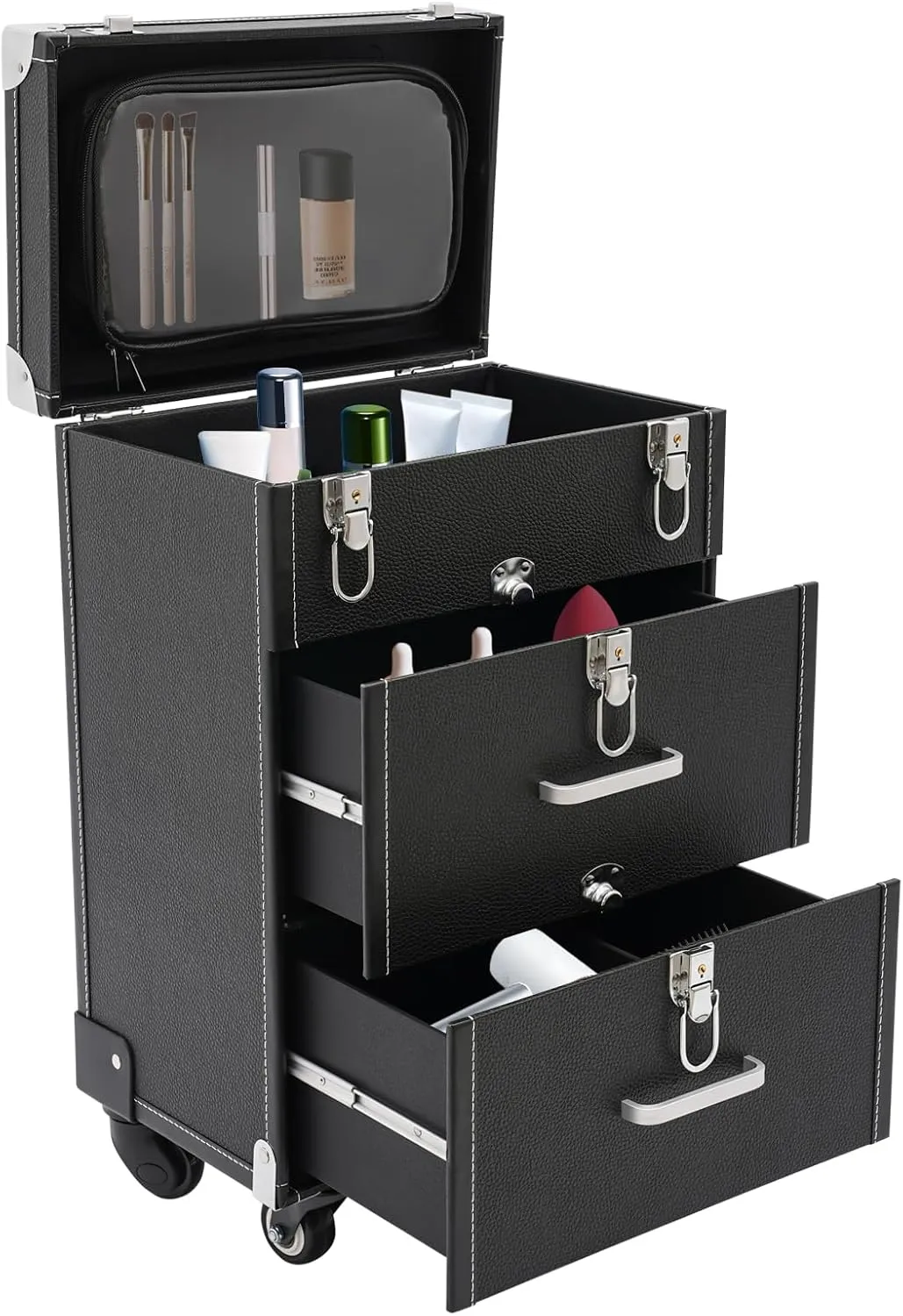3 in 1 Professional Rolling Makeup Train Case, Makeup Organizer Suitcase, Travel Beauty Luggage Trolley Lockable Make up Case for Travel Makeup/Nail Art/Hair Styling, Matte Black