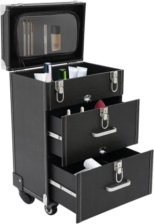 3 in 1 Professional Rolling Makeup Train Case, Makeup Organizer Suitcase, Travel Beauty Luggage Trolley Lockable Make up Case for Travel Makeup/Nail Art/Hair Styling, Matte Black