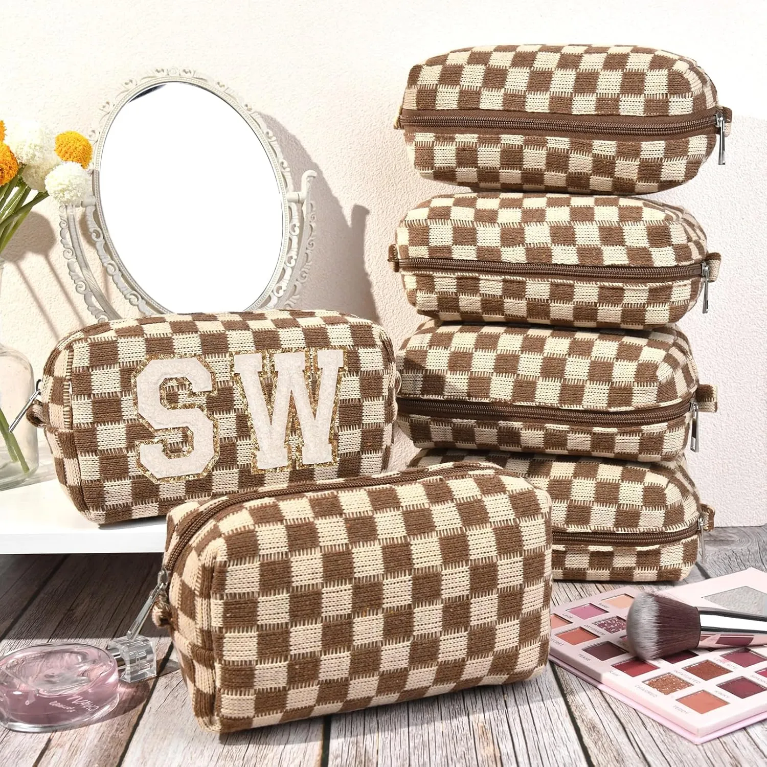 6 Pcs Preppy Makeup Bag Bulk Checkered Cosmetic Bag Brown Makeup Pouch Personalize Travel Toiletry Bag Organizer Cute DIY Makeup Brushes Storage Bag for Women