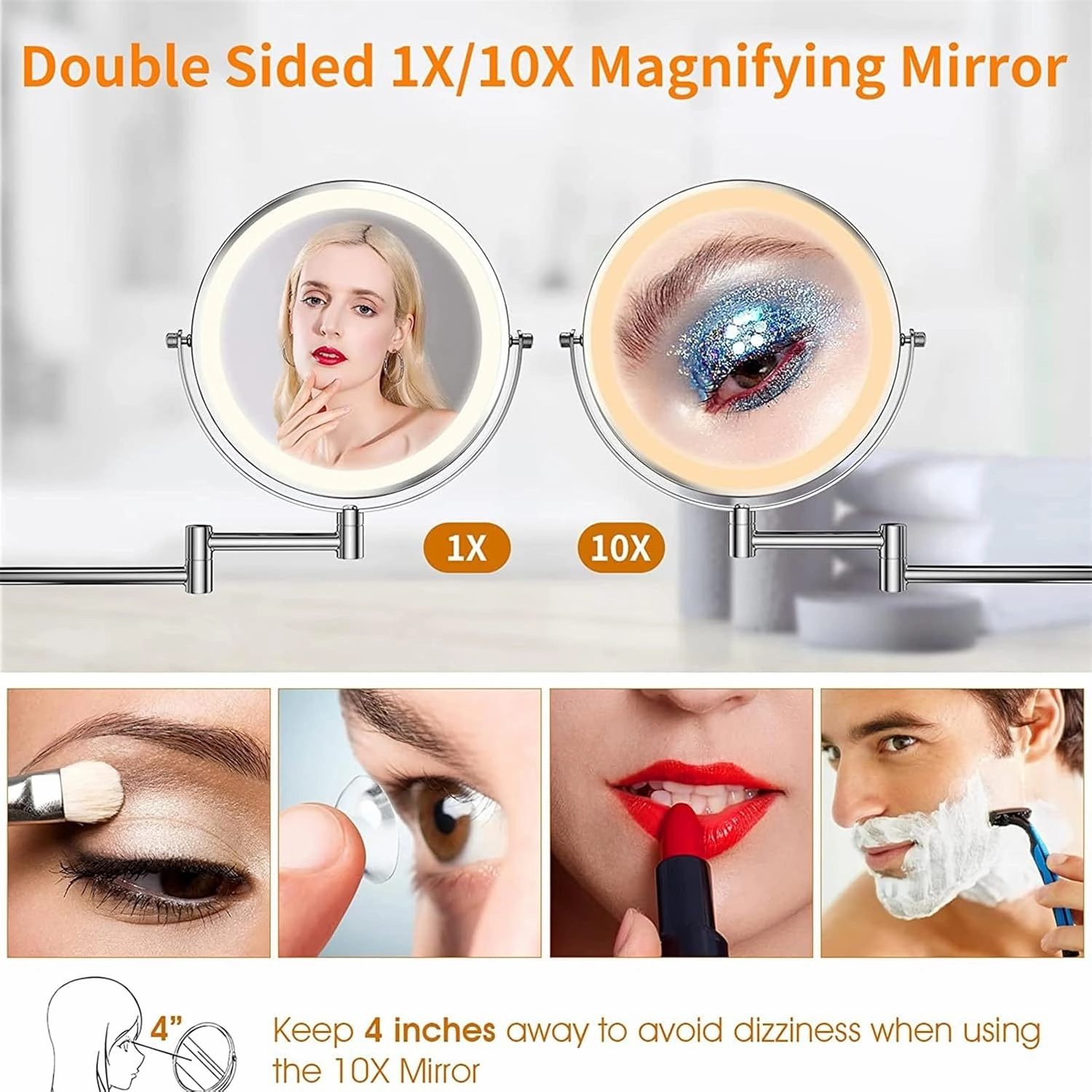 8 Inch Double Sided 1X/10X Magnifying Wall Mounted Makeup Vanity Mirror with LED Lighted, 360° Swivel Extendable Cosmetic Mirror, Shaving Mirror for Bathroom,Brushed Gold,Hardwired