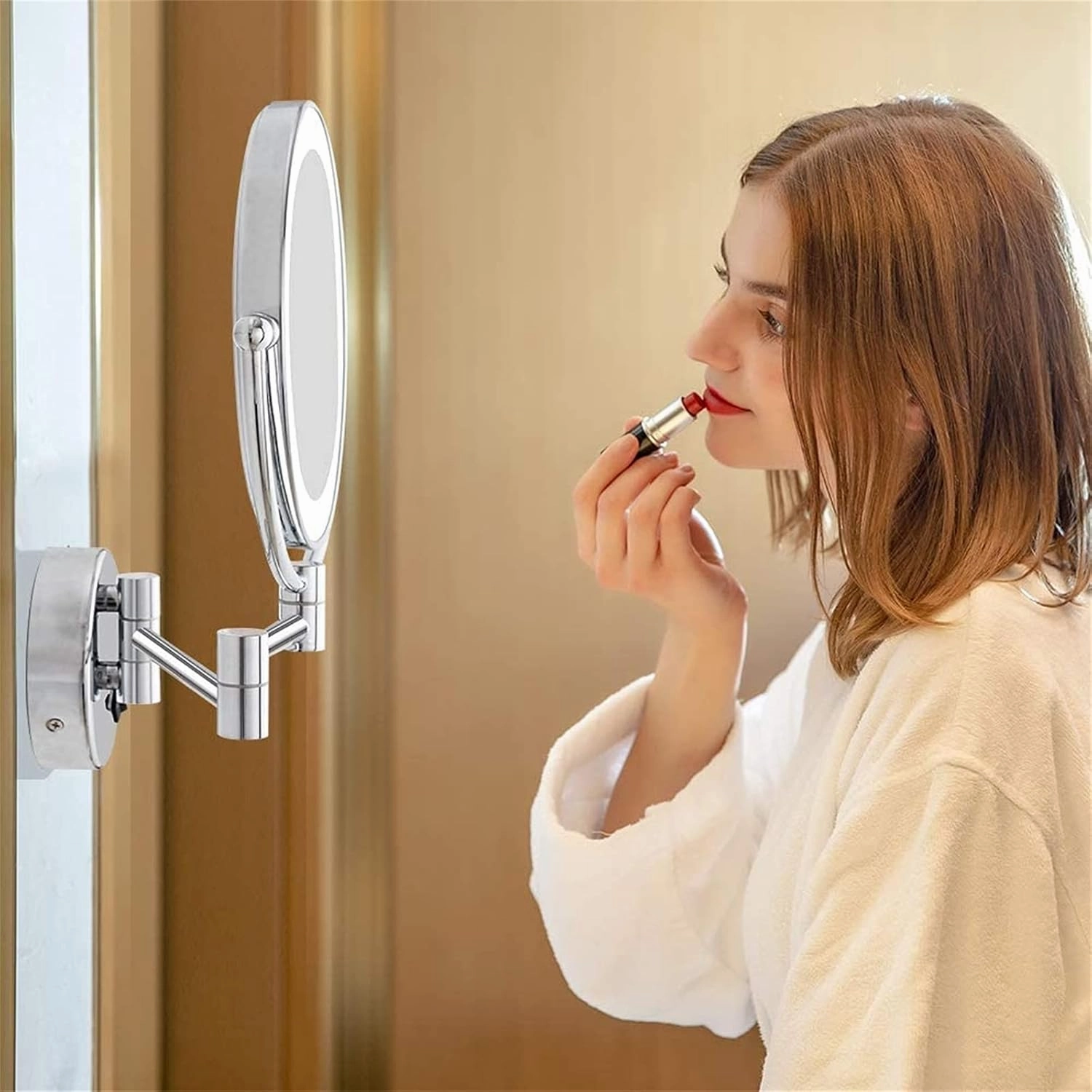8 Inch Double Sided 1X/10X Magnifying Wall Mounted Makeup Vanity Mirror with LED Lighted, 360° Swivel Extendable Cosmetic Mirror, Shaving Mirror for Bathroom,Brushed Gold,Hardwired