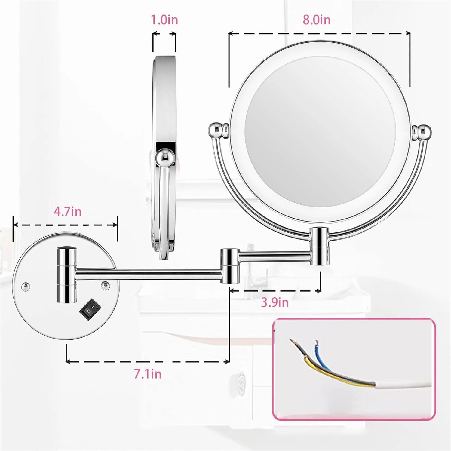 8 Inch Double Sided 1X/10X Magnifying Wall Mounted Makeup Vanity Mirror with LED Lighted, 360° Swivel Extendable Cosmetic Mirror, Shaving Mirror for Bathroom,Brushed Gold,Hardwired