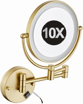8 Inch Double Sided 1X/10X Magnifying Wall Mounted Makeup Vanity Mirror with LED Lighted, 360° Swivel Extendable Cosmetic Mirror, Shaving Mirror for Bathroom,Brushed Gold,Hardwired