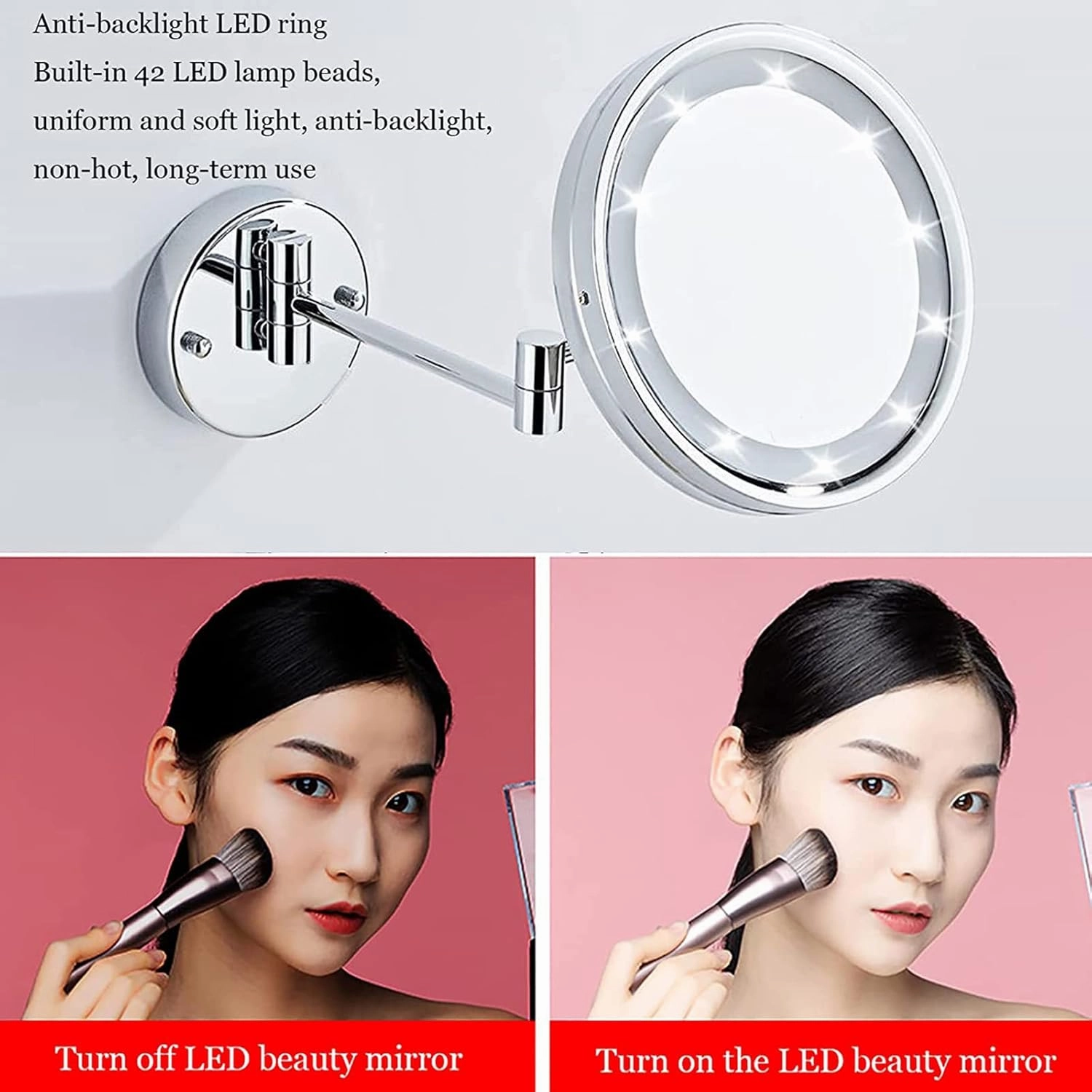 8 Inch Double Sided 1X/10X Magnifying Wall Mounted Makeup Vanity Mirror with LED Lighted, 360° Swivel Extendable Cosmetic Mirror, Shaving Mirror for Bathroom,Brushed Gold,Hardwired