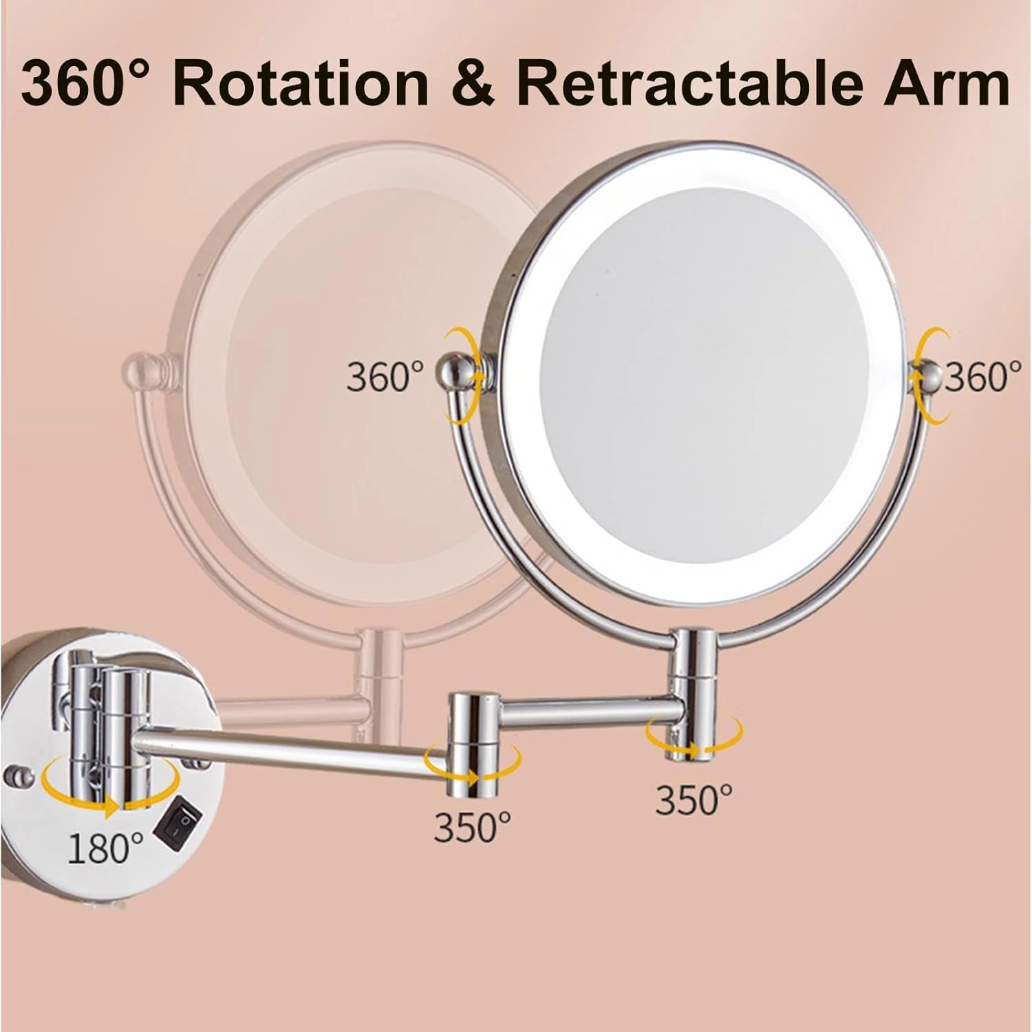8 Inch Double Sided 1X/10X Magnifying Wall Mounted Makeup Vanity Mirror with LED Lighted, 360° Swivel Extendable Cosmetic Mirror, Shaving Mirror for Bathroom,Brushed Gold,Hardwired