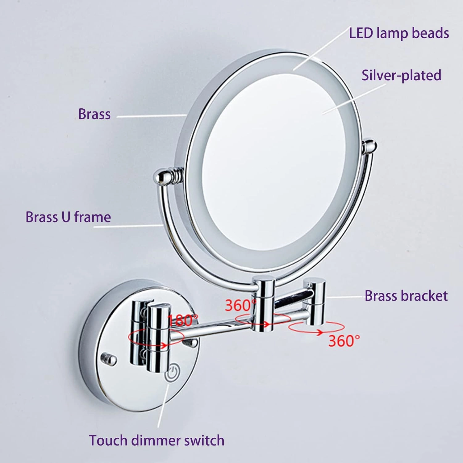 8 Inch Double Sided 1X/10X Magnifying Wall Mounted Makeup Vanity Mirror with LED Lights & Stepless Dimming, 360° Swivel Extendable Cosmetic Mirror, Bathroom HD Shaving Mirror,Brushed gold,HardWired