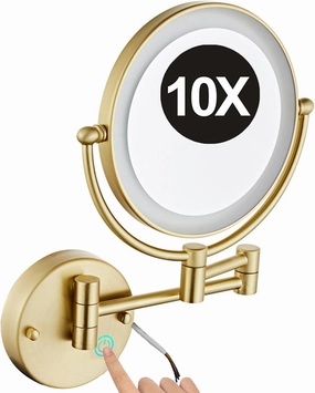 8 Inch Double Sided 1X/10X Magnifying Wall Mounted Makeup Vanity Mirror with LED Lights & Stepless Dimming, 360° Swivel Extendable Cosmetic Mirror, Bathroom HD Shaving Mirror,Brushed gold,HardWired