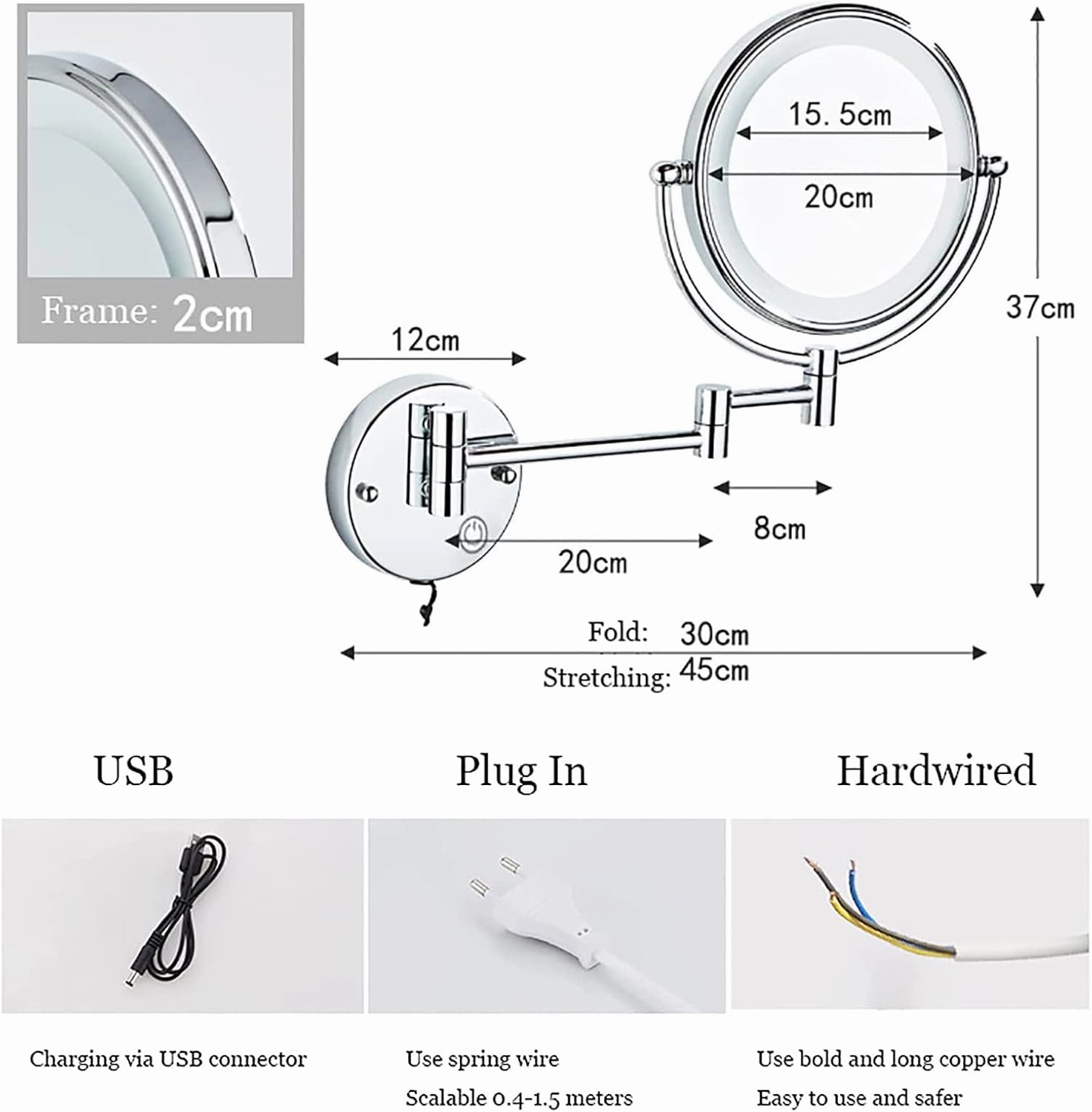 8 Inch Double Sided 1X/10X Magnifying Wall Mounted Makeup Vanity Mirror with LED Lights & Stepless Dimming, 360° Swivel Extendable Cosmetic Mirror, Bathroom HD Shaving Mirror,Brushed gold,HardWired