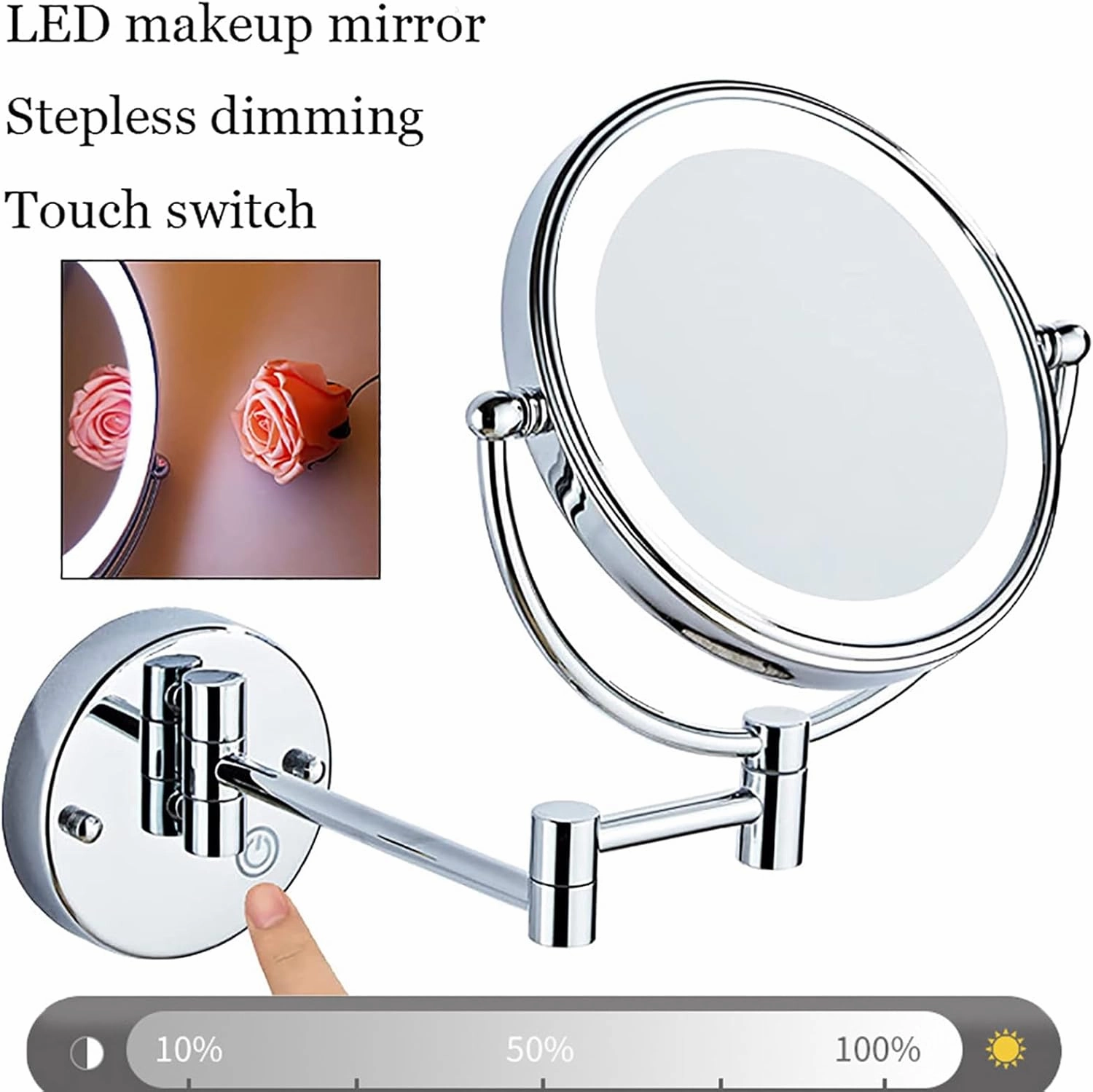 8 Inch Double Sided 1X/10X Magnifying Wall Mounted Makeup Vanity Mirror with LED Lights & Stepless Dimming, 360° Swivel Extendable Cosmetic Mirror, Bathroom HD Shaving Mirror,Brushed gold,HardWired