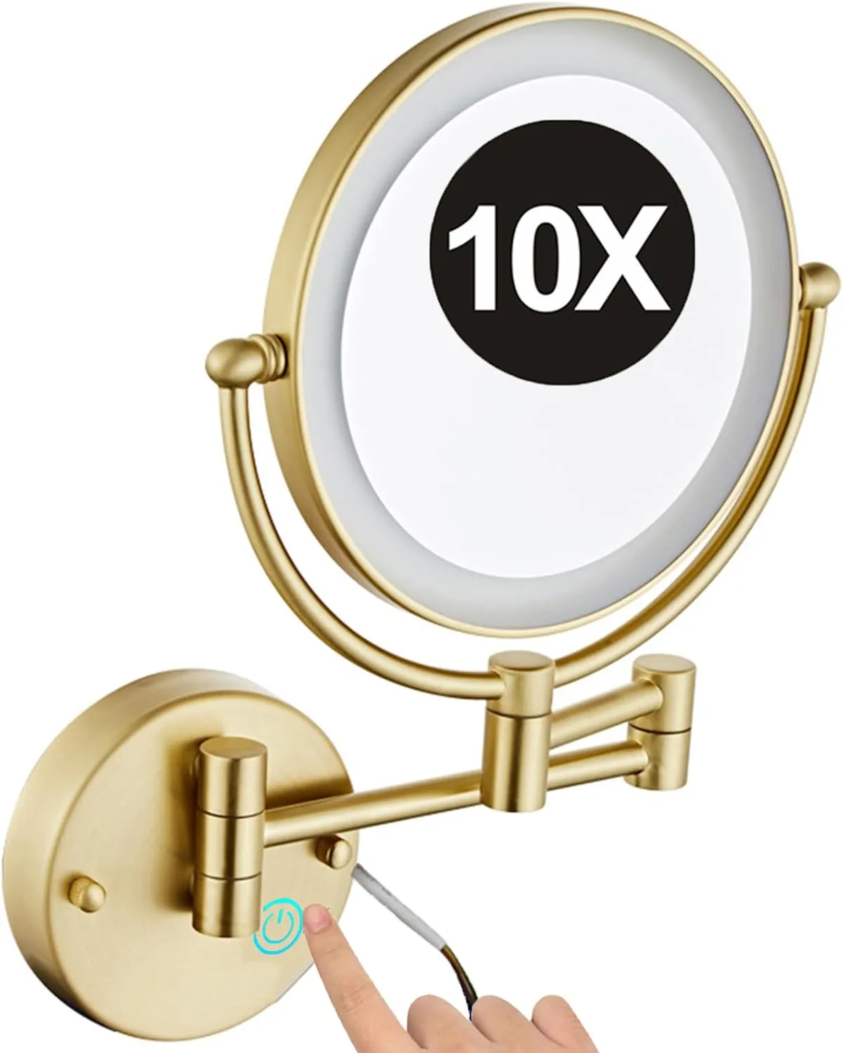 8" Brushed d Double Sided 1X/10X Magnifying LED Lighted Makeup Vanity Mirror with Stepless Dimming, Hardwired Adjustable Wall Mounted Cosmetic Mirror, Bathroom HD Shaving Mirror,Base Touch