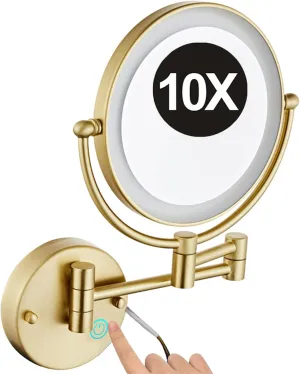 8" Brushed d Double Sided 1X/10X Magnifying LED Lighted Makeup Vanity Mirror with Stepless Dimming, Hardwired Adjustable Wall Mounted Cosmetic Mirror, Bathroom HD Shaving Mirror,Base Touch
