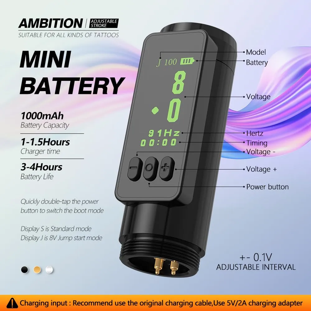Ambition Sally Wireless Permanent Makeup Machine with 5 Strokes Length 2.0mm-3.5mm Rotary Tattoo Gun Cartridge Pen with 1000mAh LED Digital Display Coreless Motor For Eyebrow Eyeliner Lips SMP