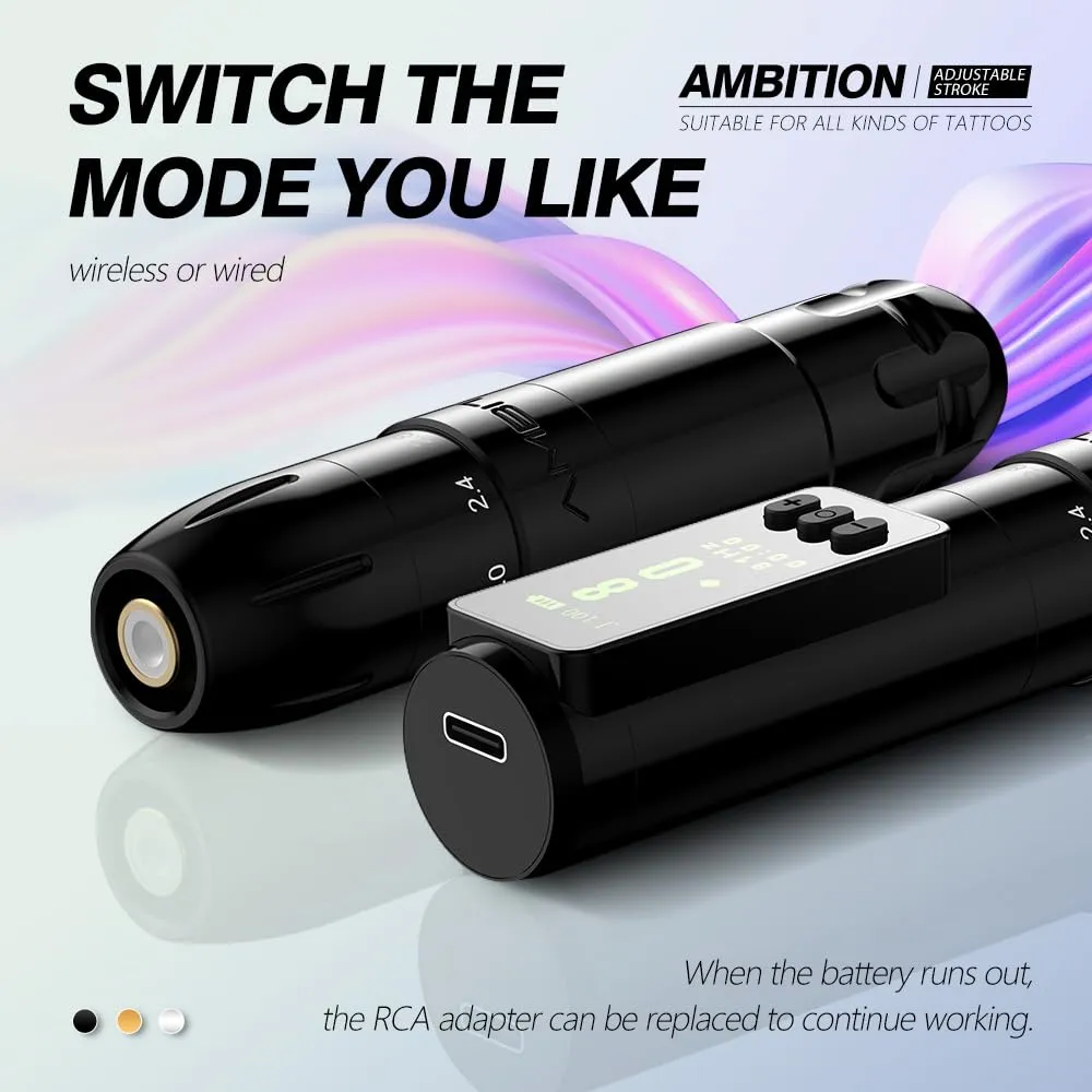 Ambition Sally Wireless Permanent Makeup Machine with 5 Strokes Length 2.0mm-3.5mm Rotary Tattoo Gun Cartridge Pen with 1000mAh LED Digital Display Coreless Motor For Eyebrow Eyeliner Lips SMP