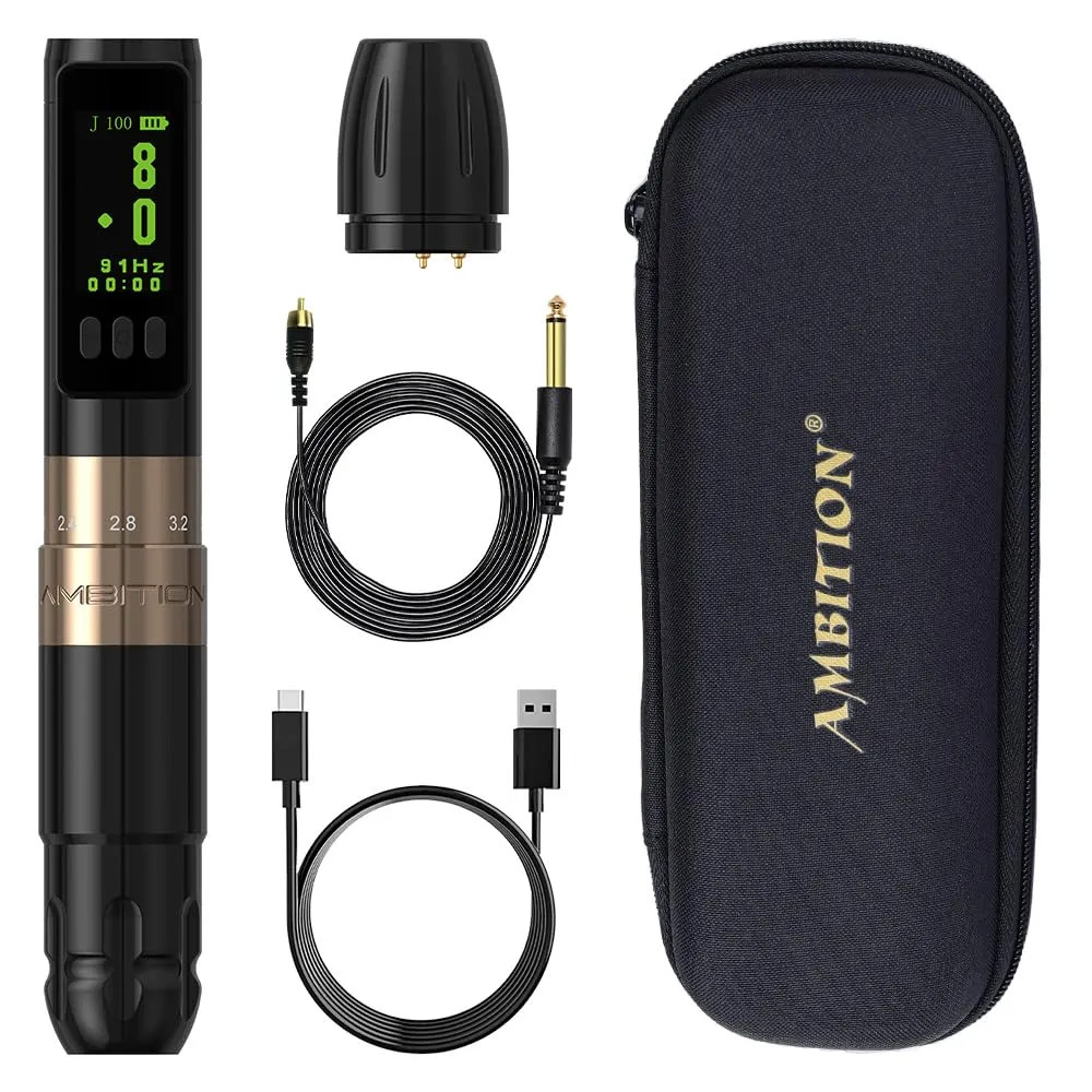Ambition Sally Wireless Permanent Makeup Machine with 5 Strokes Length 2.0mm-3.5mm Rotary Tattoo Gun Cartridge Pen with 1000mAh LED Digital Display Coreless Motor For Eyebrow Eyeliner Lips SMP