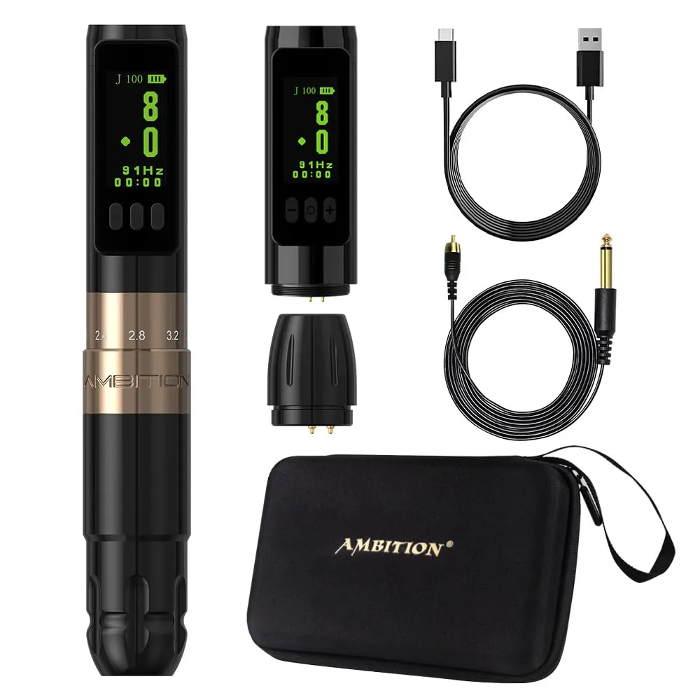 Ambition Sally Wireless Permanent Makeup Machine with 5 Strokes Length 2.0mm-3.5mm Rotary Tattoo Gun Cartridge Pen with 1000mAh LED Digital Display Coreless Motor For Eyebrow Eyeliner Lips SMP