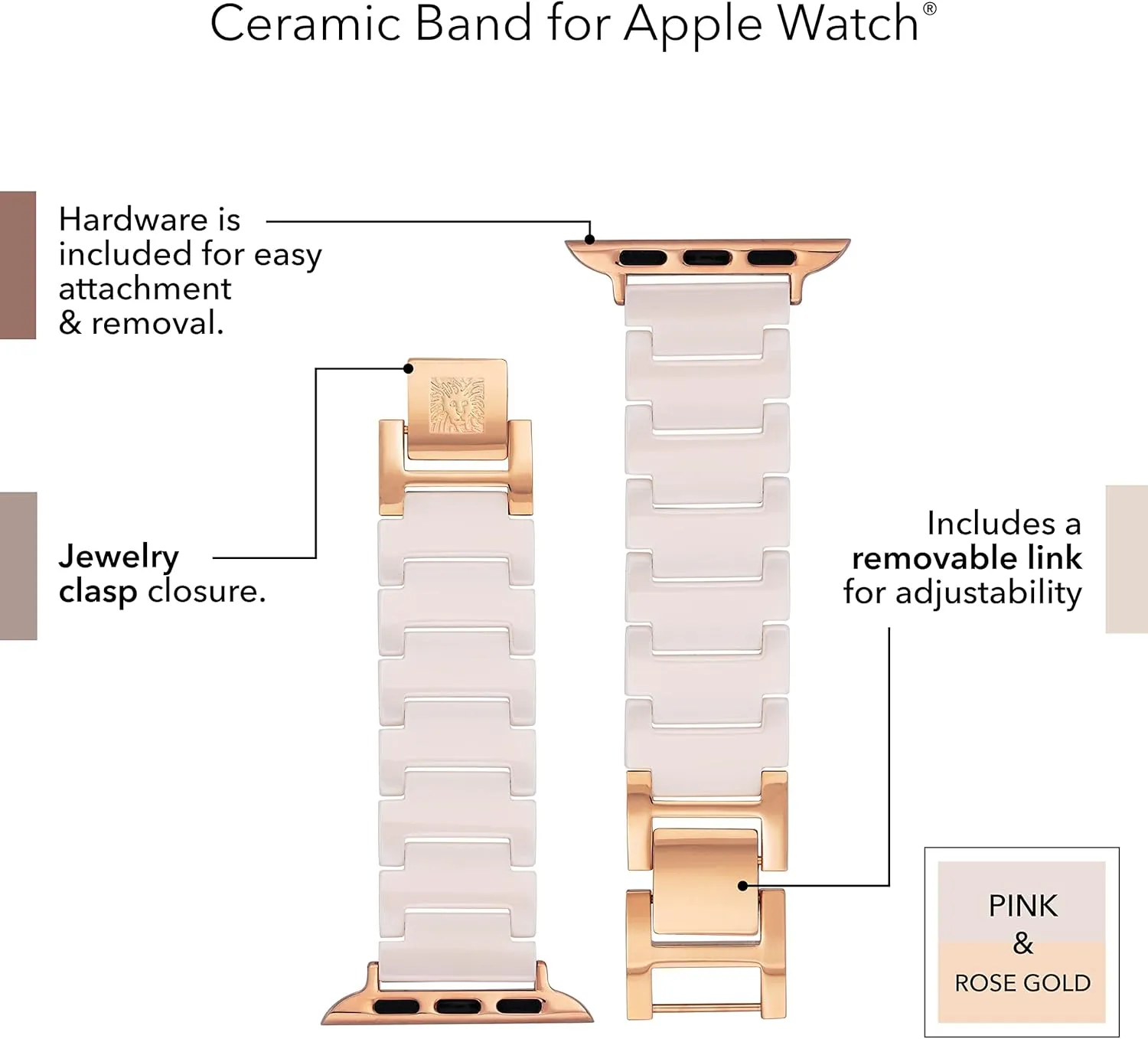 Anne Klein Ceramic Link Fashion Bracelet for Apple Watch, Secure, Adjustable, Apple Watch Replacement Band, Fits Most Wrists