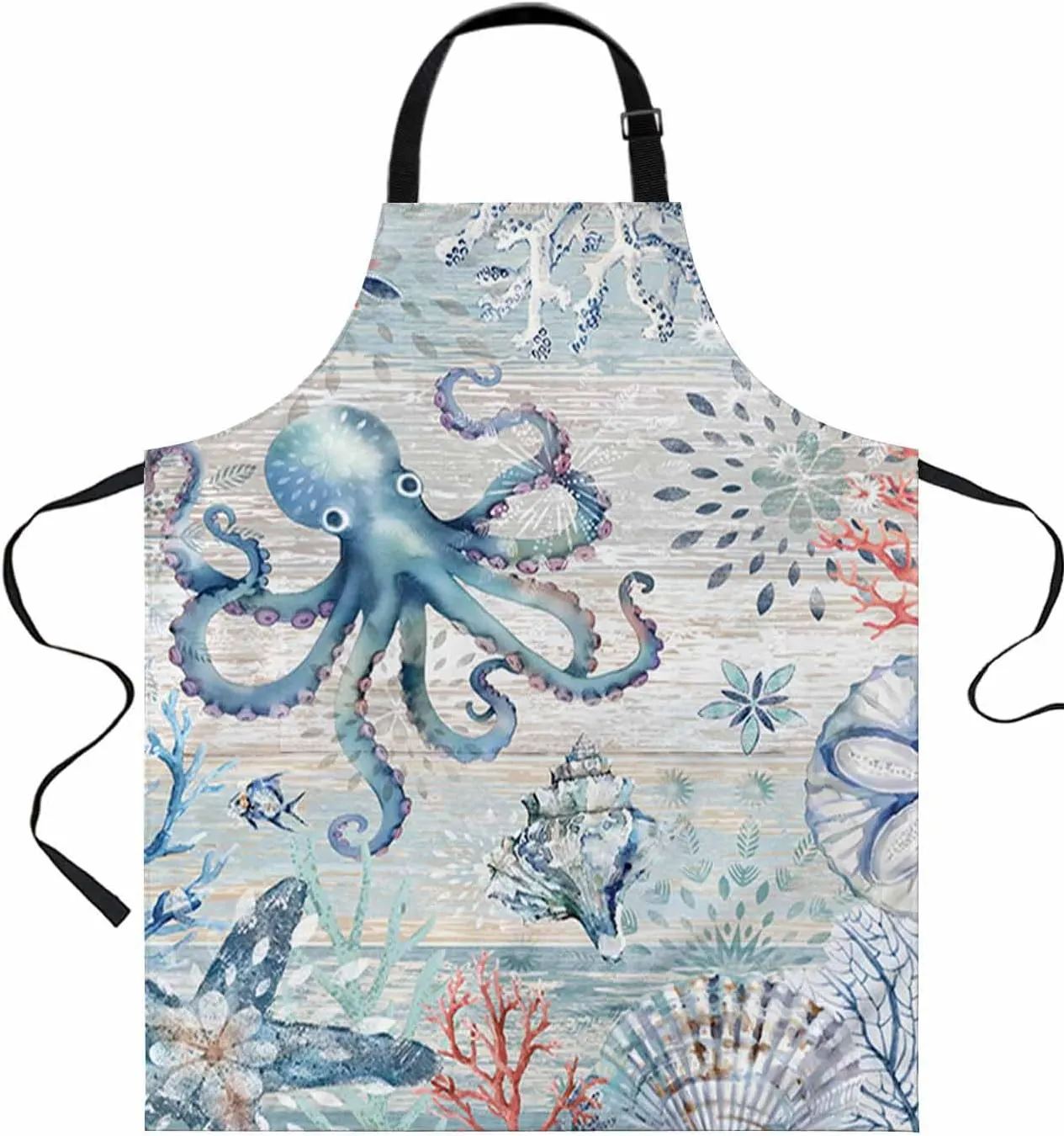 Coastal Octopus Waterproof Apron With Pockets,Starfish Coral Shell Conch Tropical Fish Blue Kitchen Chefs Bib Cooking BBQ Grill Bake Adjustable Aprons for Women Home Garden Grooming Painting Gardening
