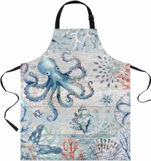 Coastal Octopus Waterproof Apron With Pockets,Starfish Coral Shell Conch Tropical Fish Blue Kitchen Chefs Bib Cooking BBQ Grill Bake Adjustable Aprons for Women Home Garden Grooming Painting Gardening