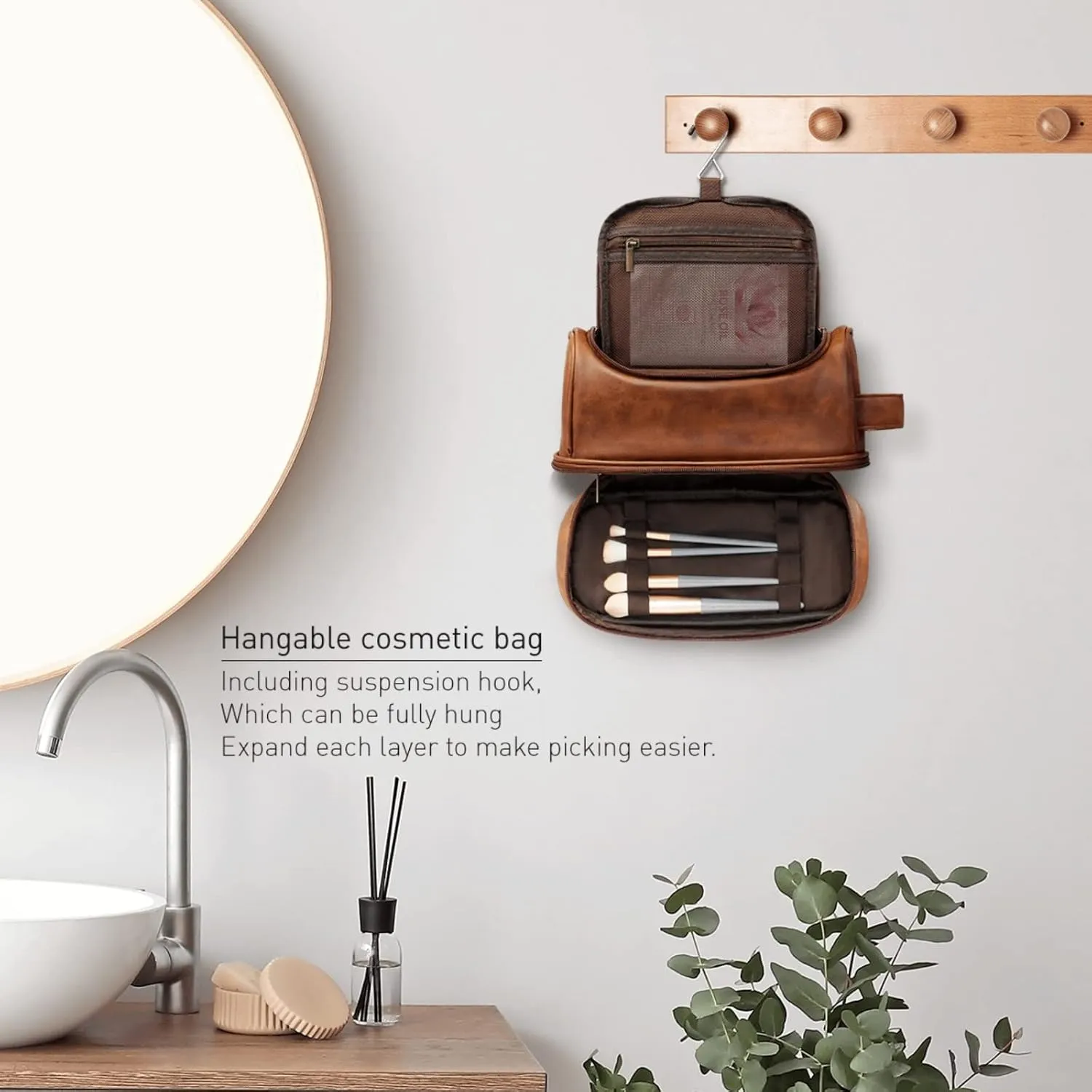 Customized Toiletry Bag Hanging Travel Organizer, Personalized Large Capacity Bag with Name Text, Custom Waterproof Leather Bathroom Dopp Shaving Kit for Men Dad Father’s Day Gift