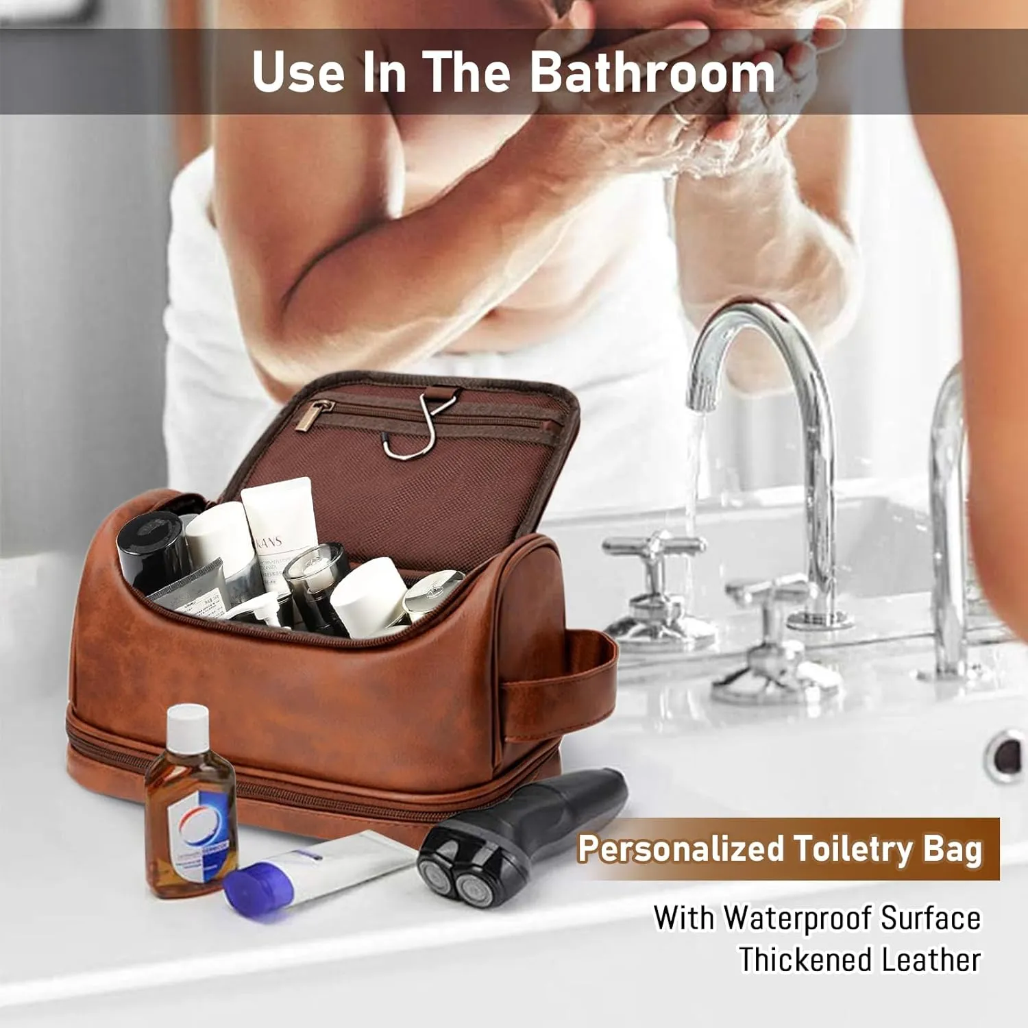 Customized Toiletry Bag Hanging Travel Organizer, Personalized Large Capacity Bag with Name Text, Custom Waterproof Leather Bathroom Dopp Shaving Kit for Men Dad Father’s Day Gift