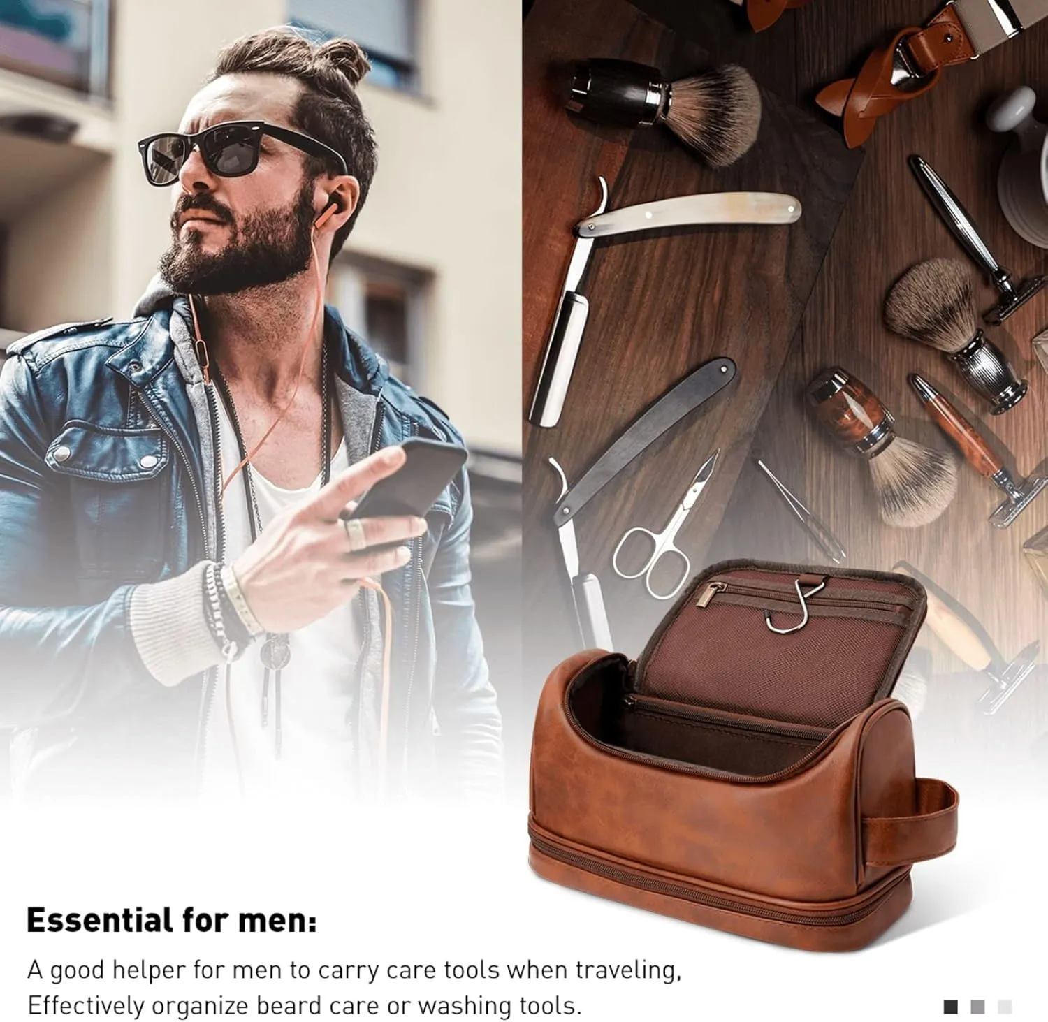 Customized Toiletry Bag Hanging Travel Organizer, Personalized Large Capacity Bag with Name Text, Custom Waterproof Leather Bathroom Dopp Shaving Kit for Men Dad Father’s Day Gift