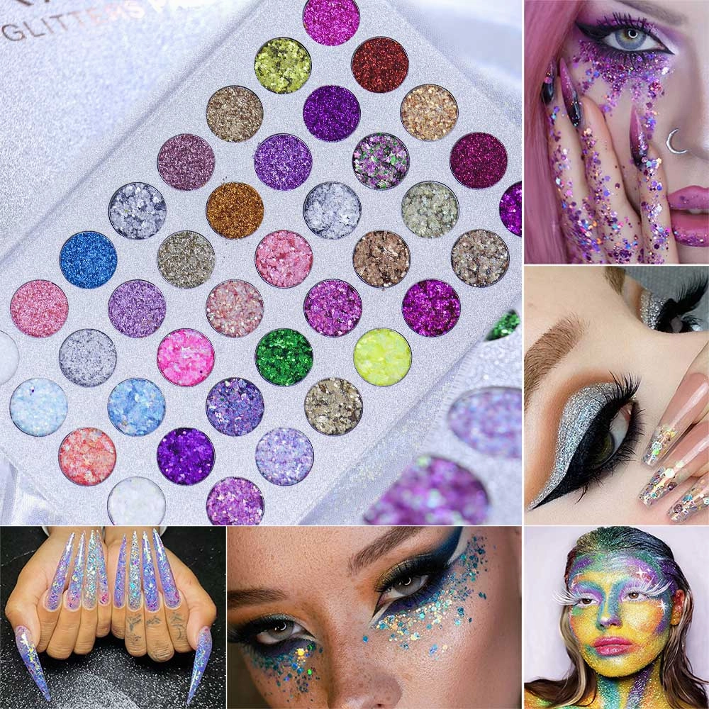 evpct 40 Colors Glitter Sparkle Glue Eyeshadow Makeup Palette,Green White Silver Gold Red Bright Shimmery Sparkly Smoky Pressed Glitter Professional Eyeshadow Pallet Palettes Eye Glitter Gel For Eyes