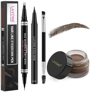 Eyebrow Pen Kit, with 2 Tip Waterproof Microblading Eyebrow Pencil, Eyebrow Pomade, Eyeliner and Dual-ended Eyebrow Brush - 06 Dark Brown