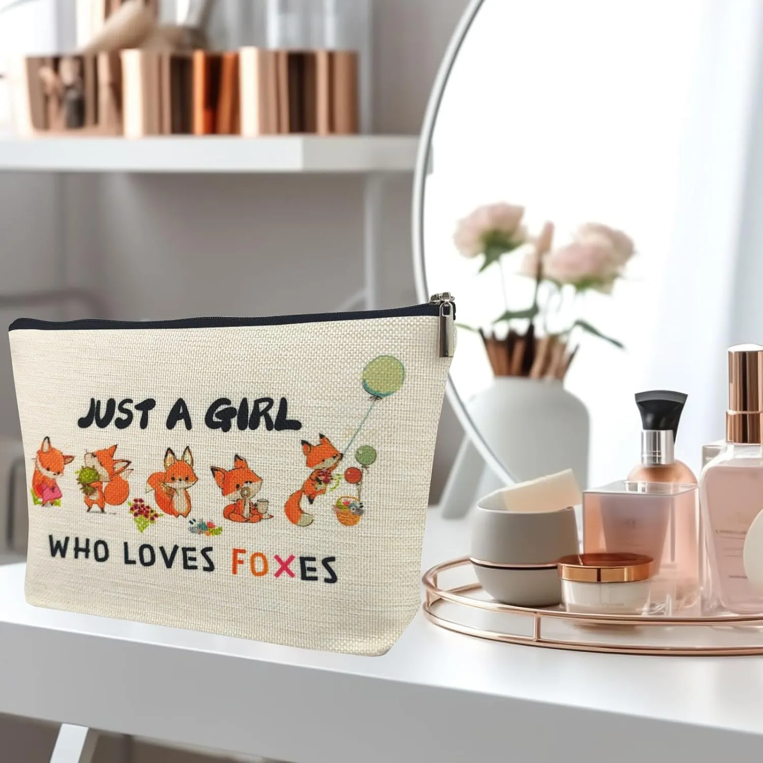 Fox Makeup Bags for Women, Cute Fox Themed Gifts for Girls, Just A Girl Who Loves Foxes Cosmetic Pouch for Mom Teens Daughter Sister Bestie, Funny Animal Lovers Stuff Birthday Christmas Decorations