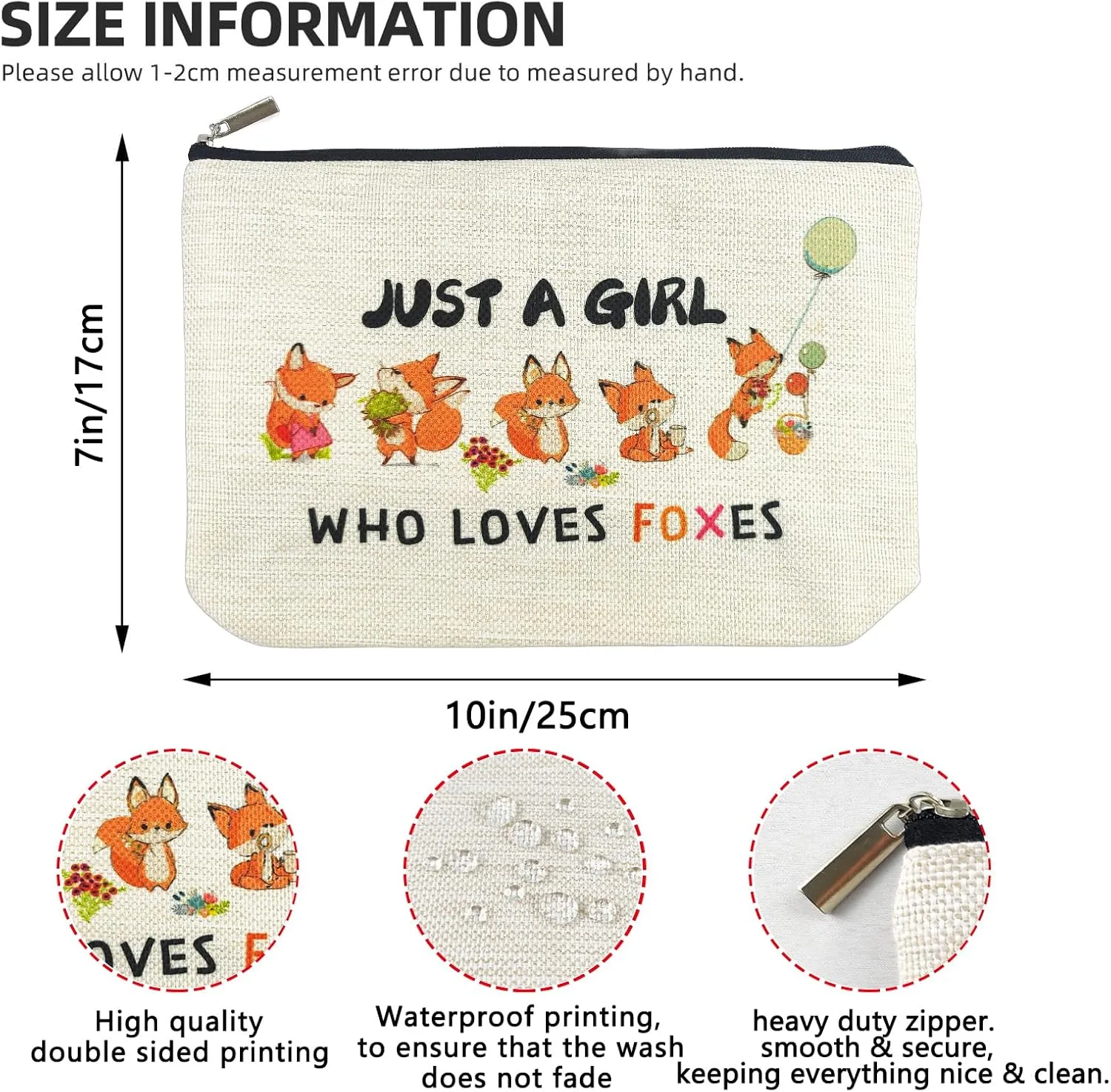 Fox Makeup Bags for Women, Cute Fox Themed Gifts for Girls, Just A Girl Who Loves Foxes Cosmetic Pouch for Mom Teens Daughter Sister Bestie, Funny Animal Lovers Stuff Birthday Christmas Decorations