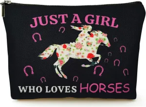 Horse Themed Gifts for Teenage Girls Women, Horse Lover Gifts Stuff Makeup Bag, Just A Girl Who Loves Horses Cosmetic Bag for Kids Daughter Sister, Funny Birthday Party Favors Christmas Decorations