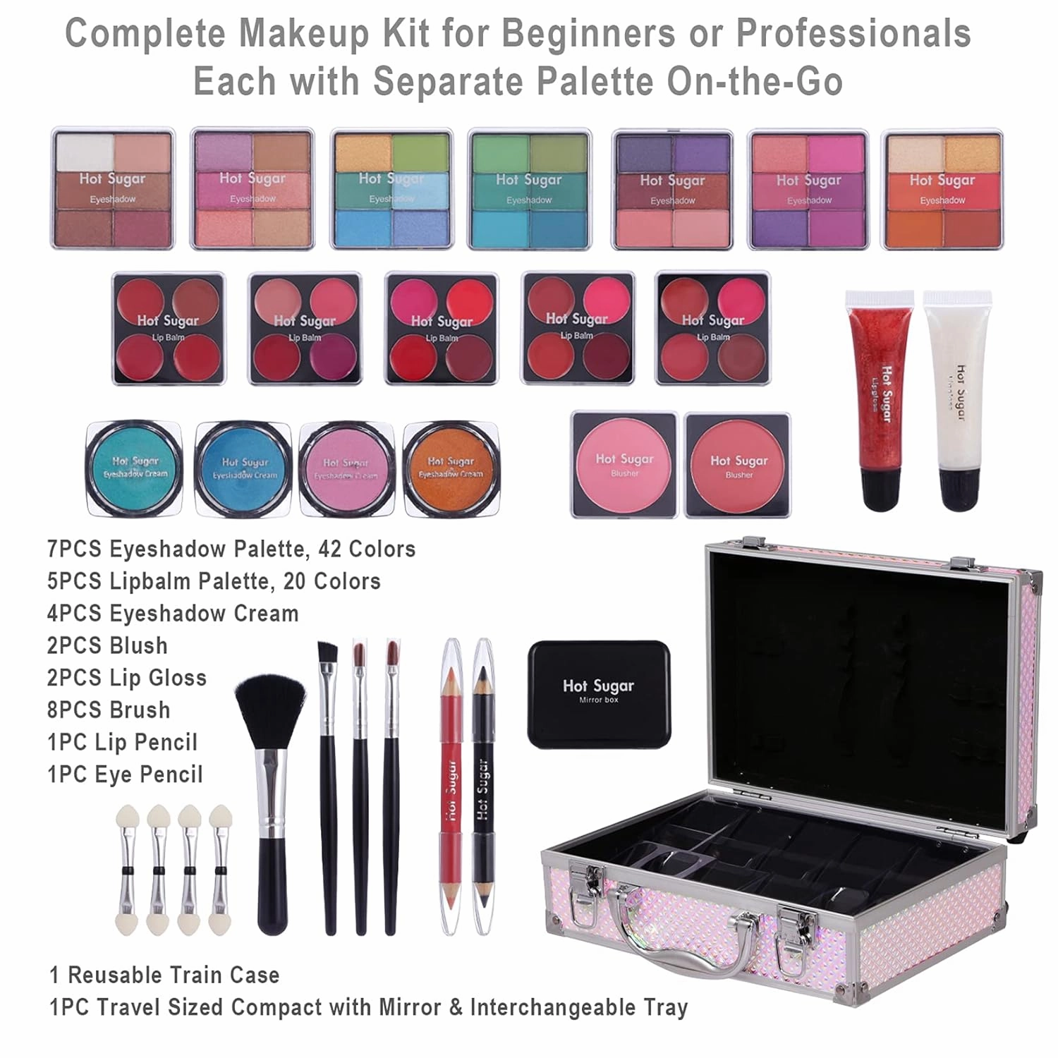 Hot Sugar Makeup Kit for Girls and Women - Full Starter Cosmetics Set with Eye Shadow Palette, Blush, Lip Gloss, Lip & Eye Pencil and Mirror