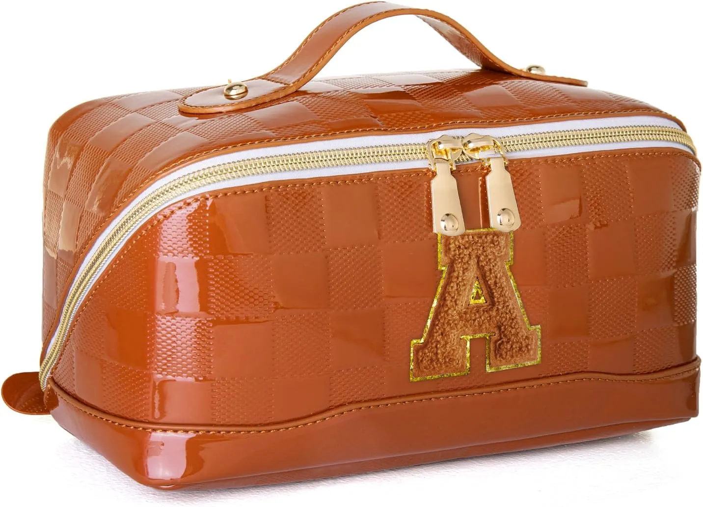 Initial Makeup Bag Large Capacity Travel Cosmetic Bag for Women PU Leather Open Flat Toiletry Bag with Handle and Divider Personalized Gifts for Women (Brown A)