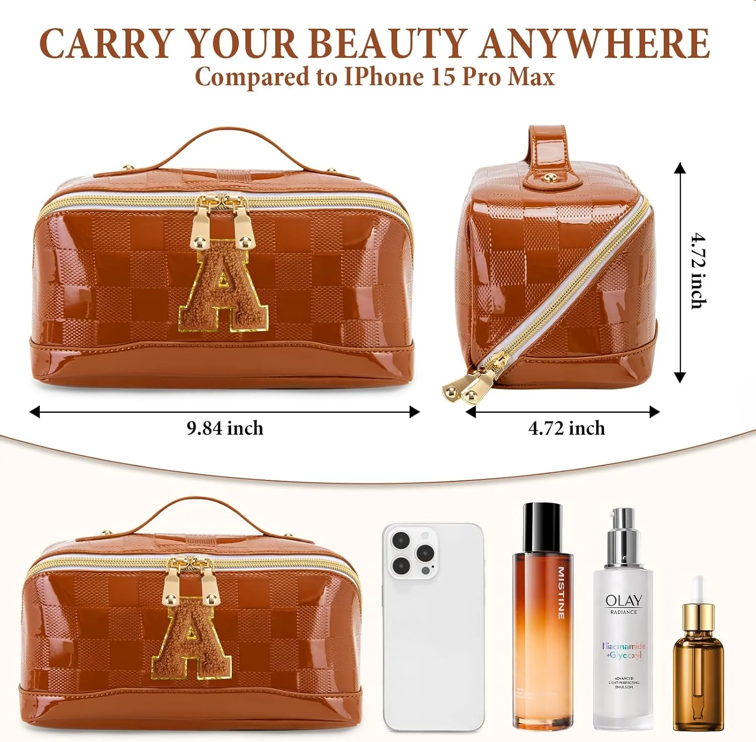 Initial Makeup Bag Large Capacity Travel Cosmetic Bag for Women PU Leather Open Flat Toiletry Bag with Handle and Divider Personalized Gifts for Women (Brown A)
