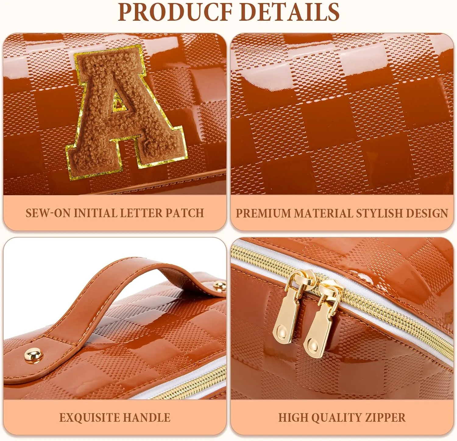 Initial Makeup Bag Large Capacity Travel Cosmetic Bag for Women PU Leather Open Flat Toiletry Bag with Handle and Divider Personalized Gifts for Women (Brown A)