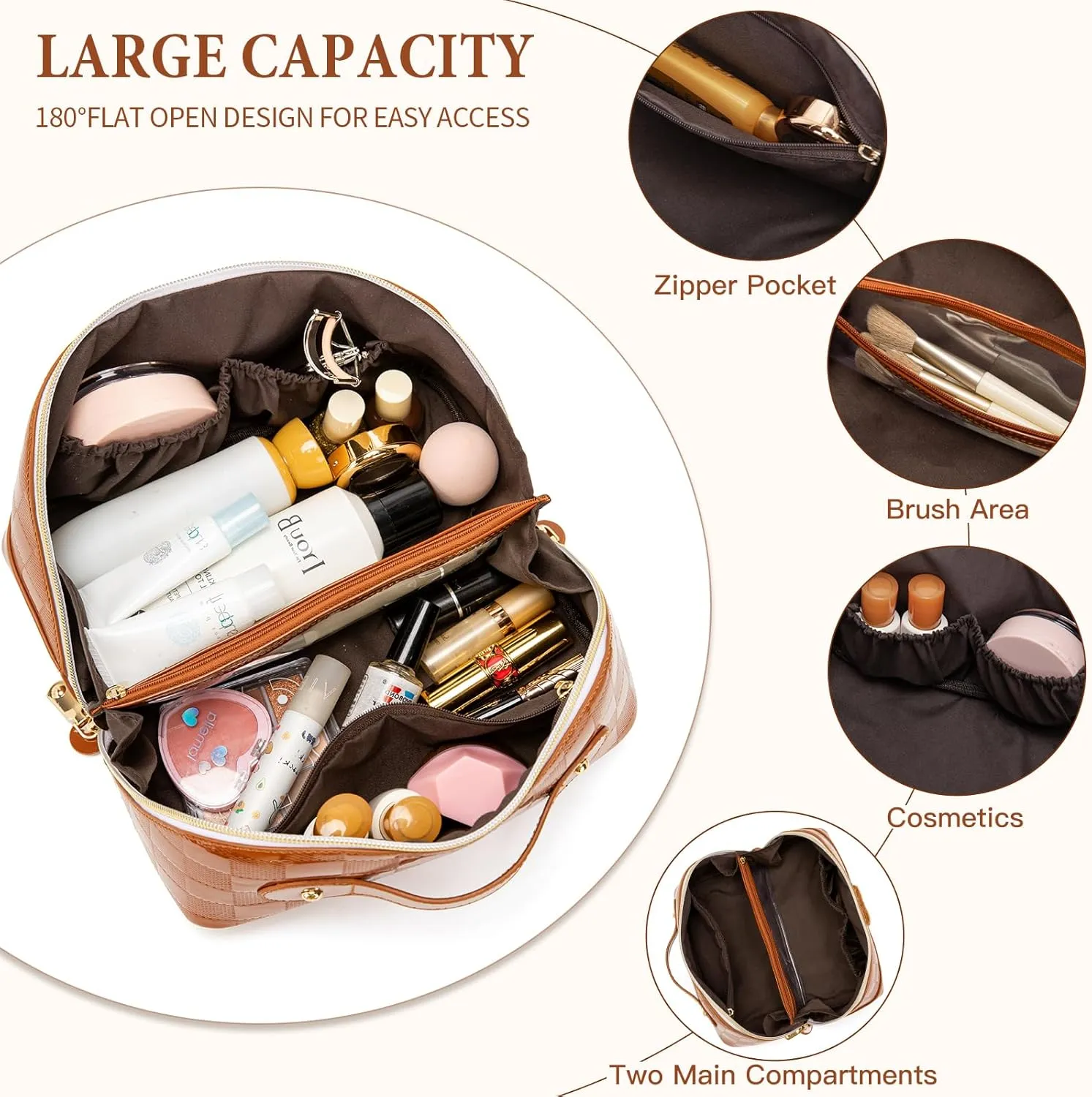 Initial Makeup Bag Large Capacity Travel Cosmetic Bag for Women PU Leather Open Flat Toiletry Bag with Handle and Divider Personalized Gifts for Women (Brown A)