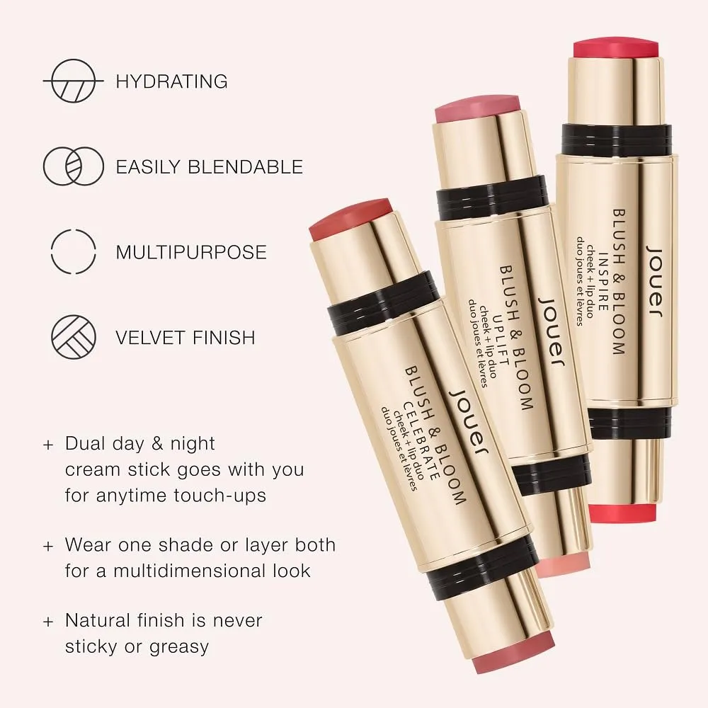 Jouer Blush & Bloom Cheek   Lip Duo - Hydrating Cream Blush Stick for Lip and Cheek Tint - Moisturizing Rose Hip and Squalane Oil Formula, Inspire