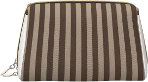 Leather Cosmetic Bag Portable Makeup Bag Travel Cosmetic Zipper Pouch Skincare Bag Brown Strip Print