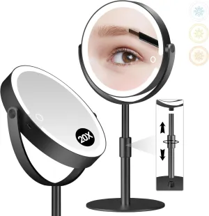 Led Makeup Mirror with Lights, 20X Magnifying Mirror, Rechargeable Magnified Makeup Mirror with 360°Rotation & Height Adjustable, Detachable Vanity Mirror(Black)