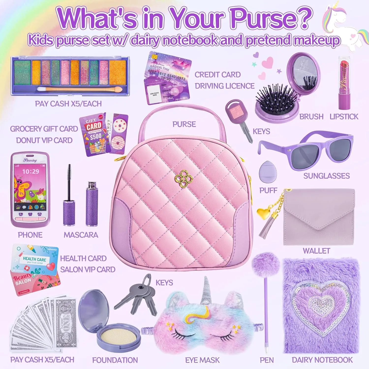 Little Girl Purse Accessories, My First Purse Set - Play Makeup Princess Plush Diary Unicorn Eye Mask Wallet Phone Pretend Credit Cards Kids Pretend Play Christmas Toy Gift for Girl Age 3 