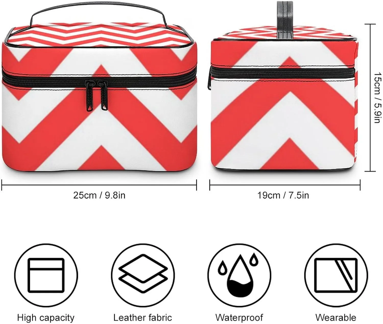 Makeup Bag, Coral Red and White Large Chevron ZigZag Pattern Travel Cosmetic Bag Makeup Organizer Case Large Capacity Portable Zipper Toiletry Bag for Women