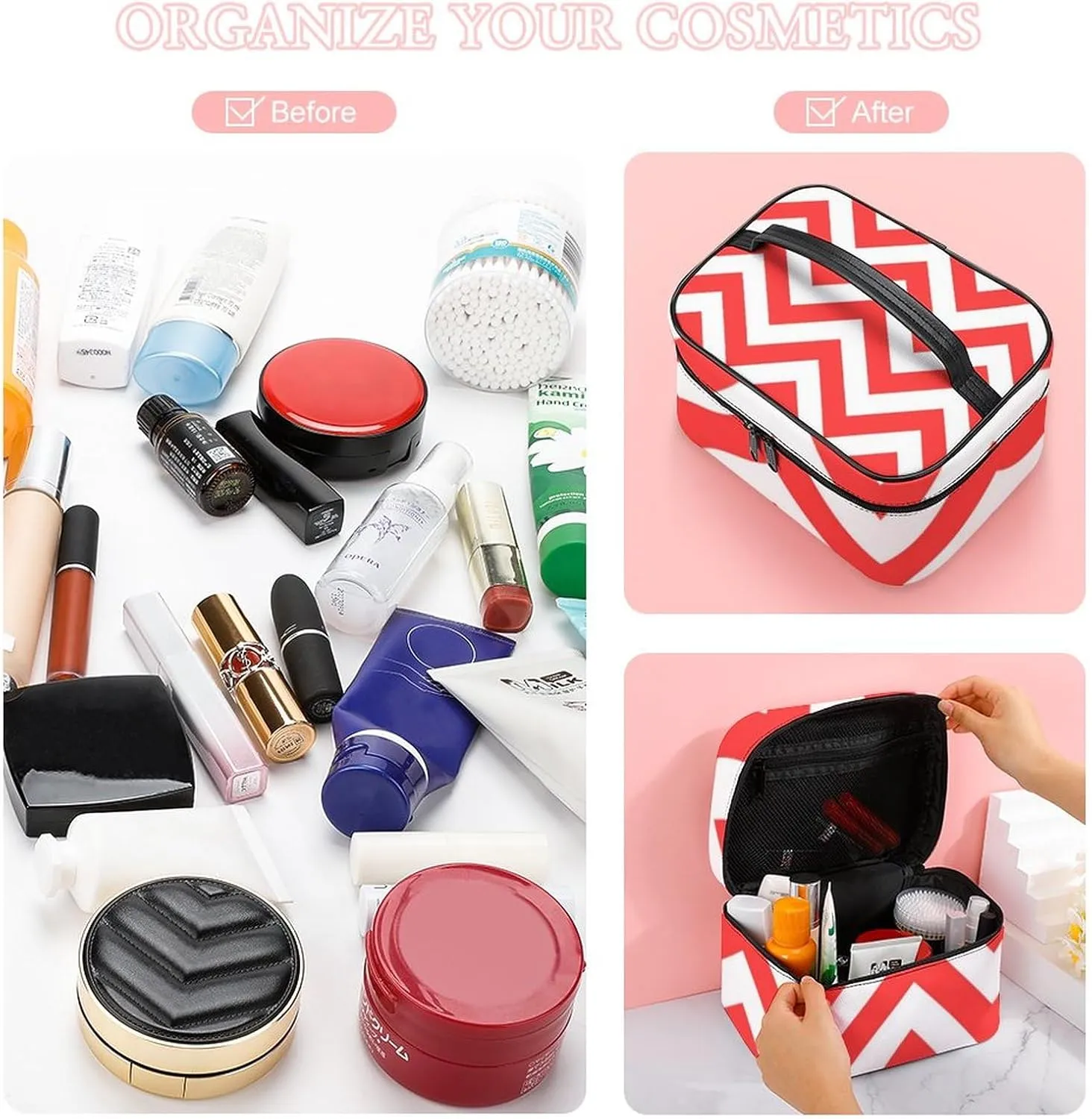 Makeup Bag, Coral Red and White Large Chevron ZigZag Pattern Travel Cosmetic Bag Makeup Organizer Case Large Capacity Portable Zipper Toiletry Bag for Women