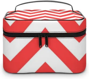 Makeup Bag, Coral Red and White Large Chevron ZigZag Pattern Travel Cosmetic Bag Makeup Organizer Case Large Capacity Portable Zipper Toiletry Bag for Women