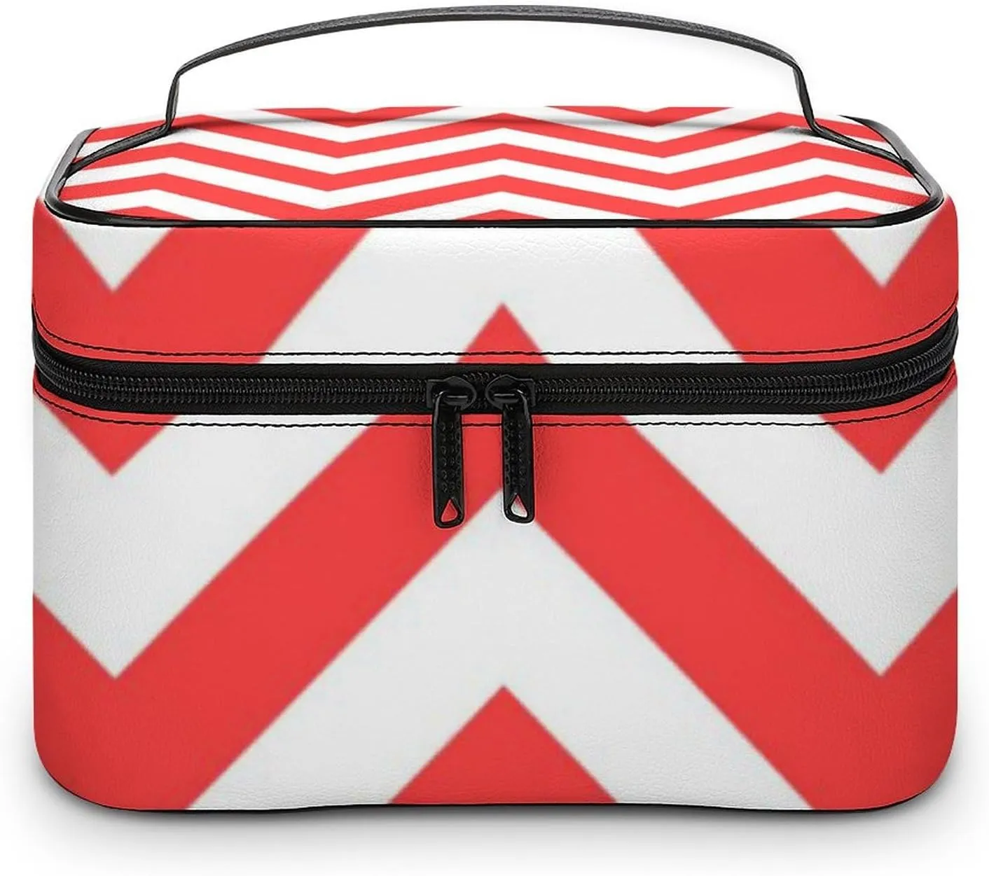 Makeup Bag, Coral Red and White Large Chevron ZigZag Pattern Travel Cosmetic Bag Makeup Organizer Case Large Capacity Portable Zipper Toiletry Bag for Women