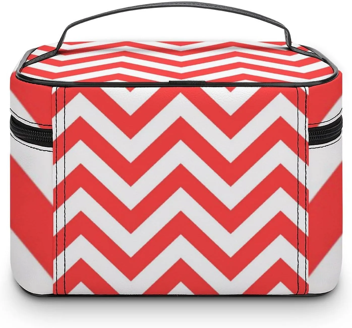 Makeup Bag, Coral Red and White Large Chevron ZigZag Pattern Travel Cosmetic Bag Makeup Organizer Case Large Capacity Portable Zipper Toiletry Bag for Women