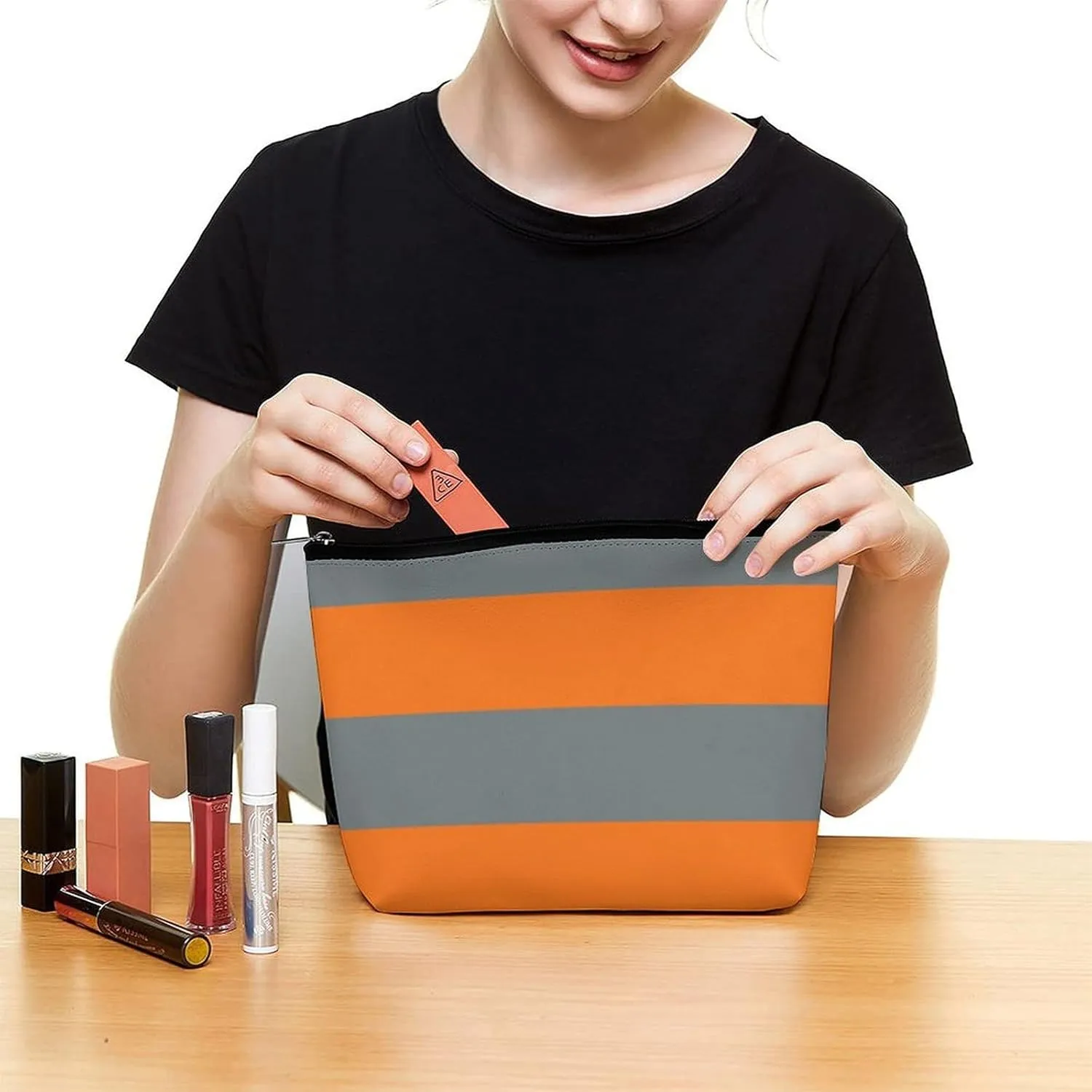 Makeup Bag for Women, Adorable Roomy Zipper Pouch Portable Organizer Cosmetic Bag Travel Storage Accessories (Charcoal Gray Orange Stripe)