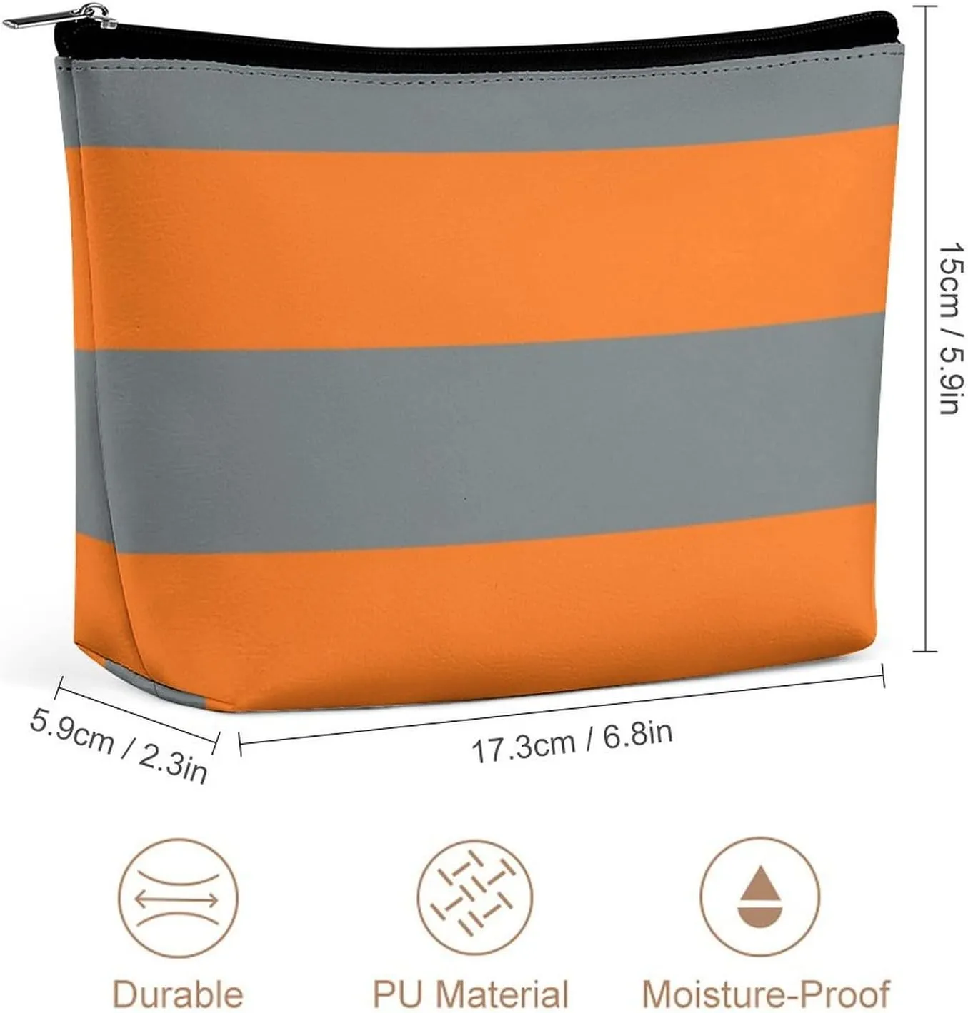 Makeup Bag for Women, Adorable Roomy Zipper Pouch Portable Organizer Cosmetic Bag Travel Storage Accessories (Charcoal Gray Orange Stripe)