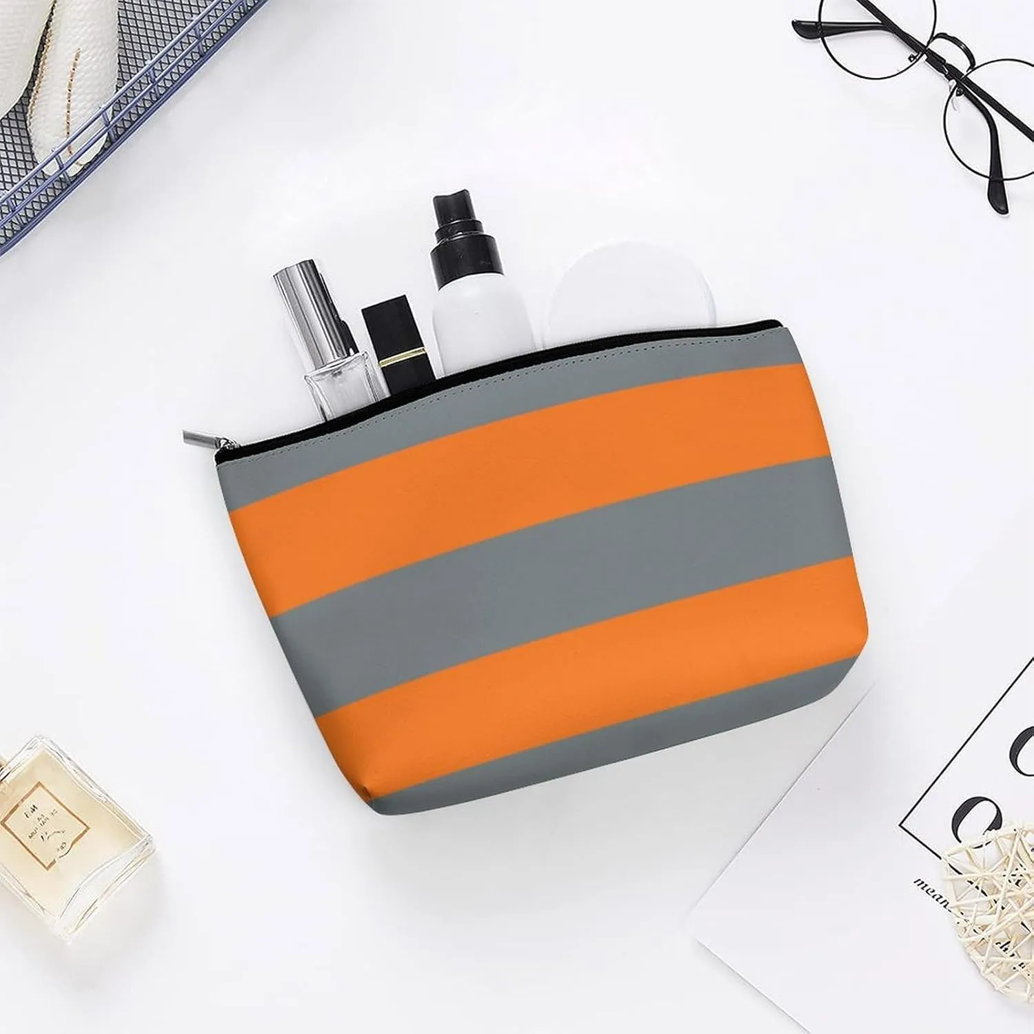 Makeup Bag for Women, Adorable Roomy Zipper Pouch Portable Organizer Cosmetic Bag Travel Storage Accessories (Charcoal Gray Orange Stripe)