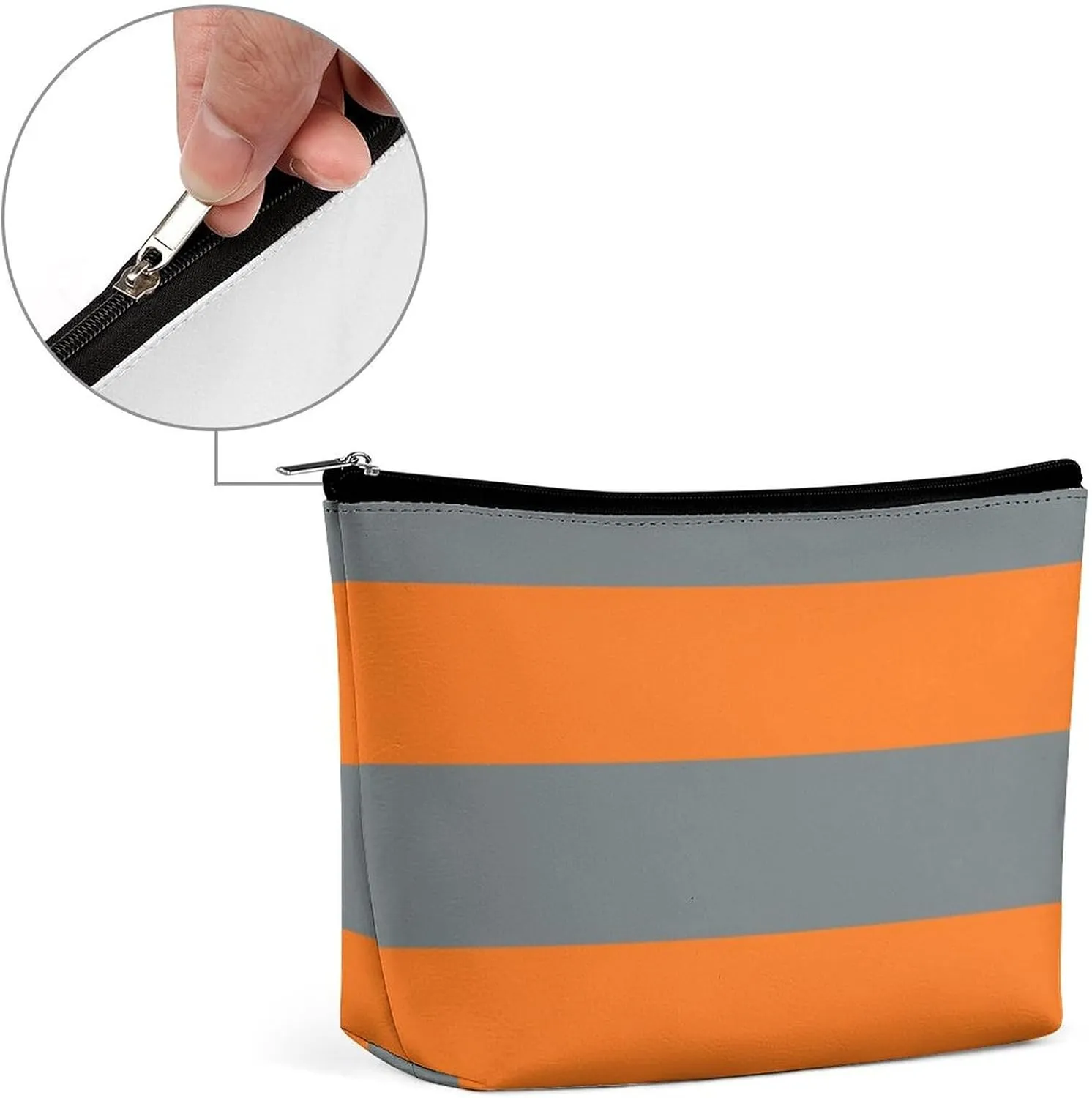 Makeup Bag for Women, Adorable Roomy Zipper Pouch Portable Organizer Cosmetic Bag Travel Storage Accessories (Charcoal Gray Orange Stripe)