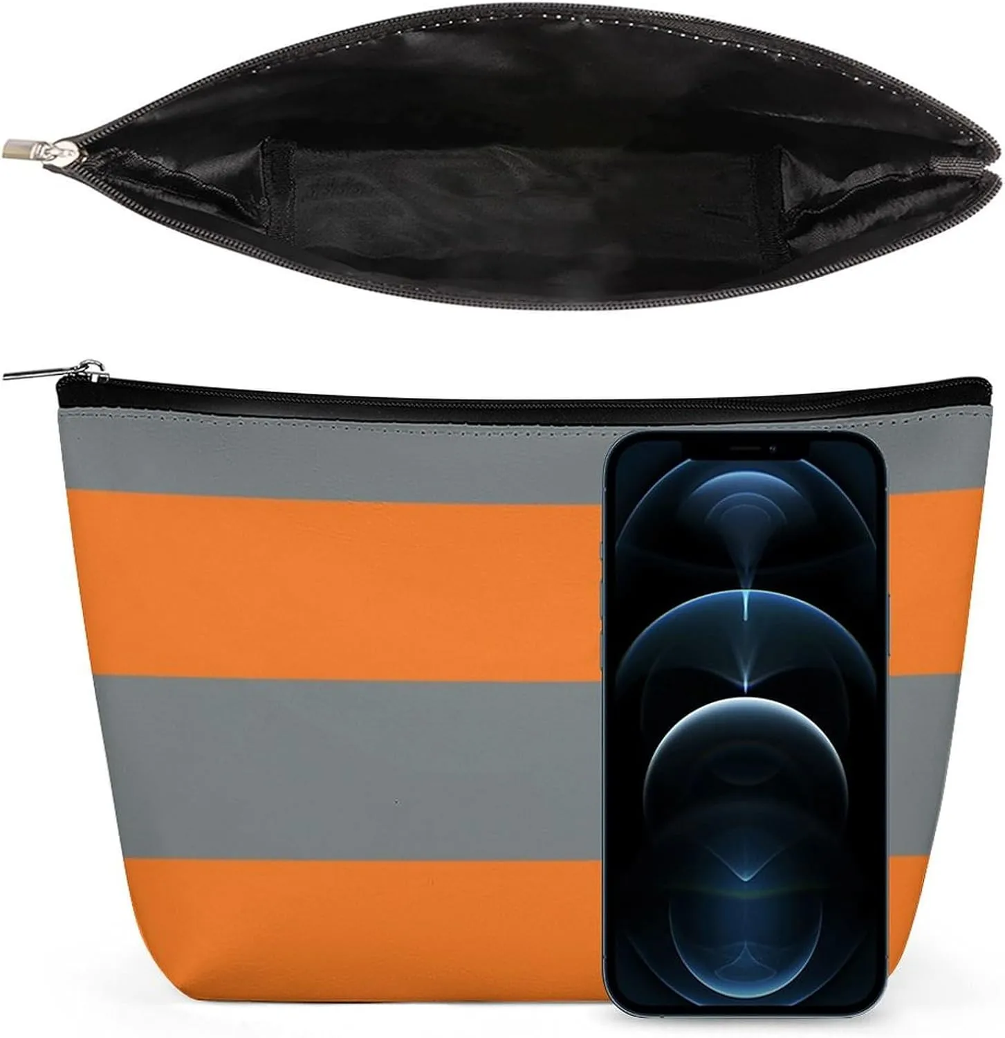 Makeup Bag for Women, Adorable Roomy Zipper Pouch Portable Organizer Cosmetic Bag Travel Storage Accessories (Charcoal Gray Orange Stripe)